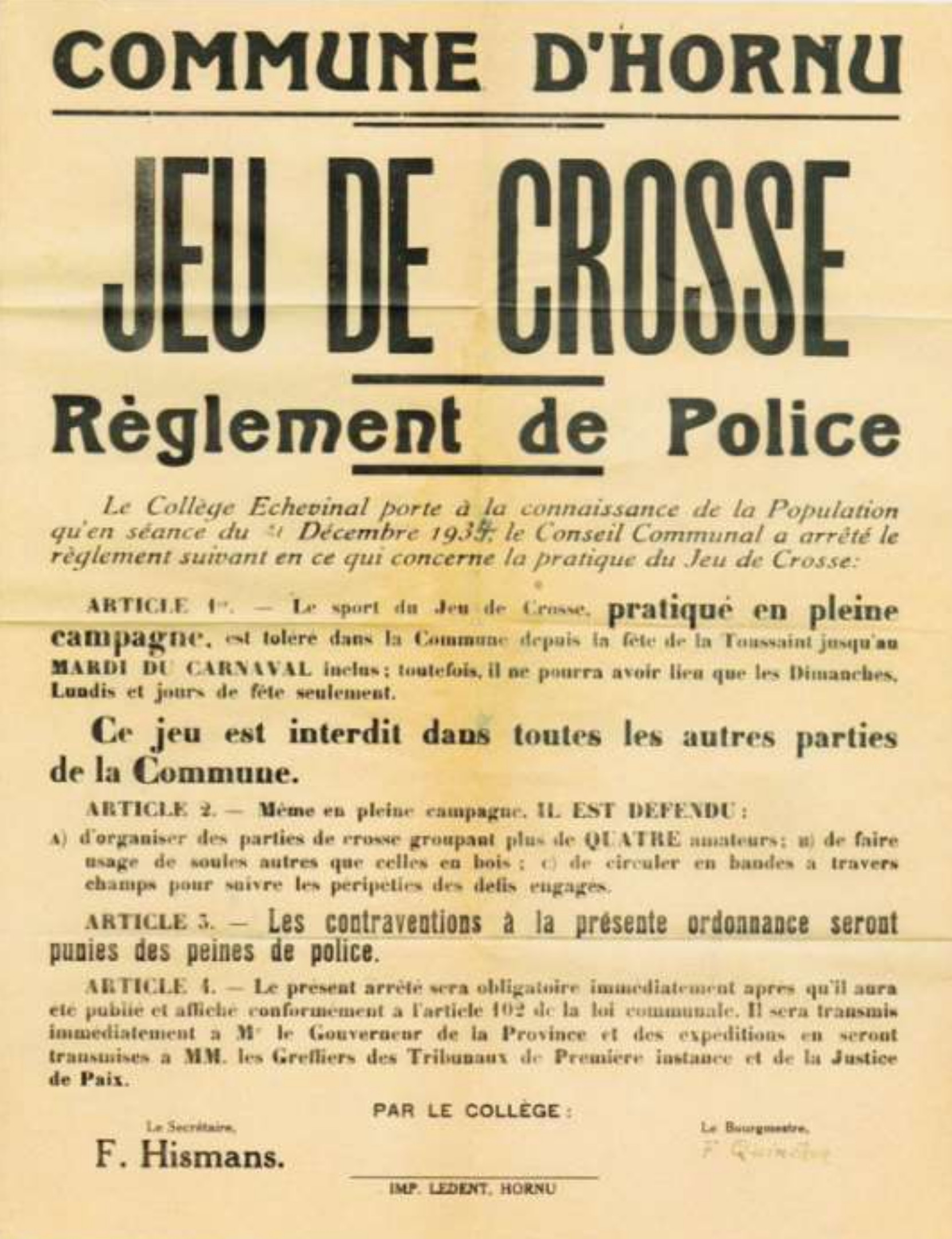 Jeu de Crosse, Choule, Old poster Hornu. 1934