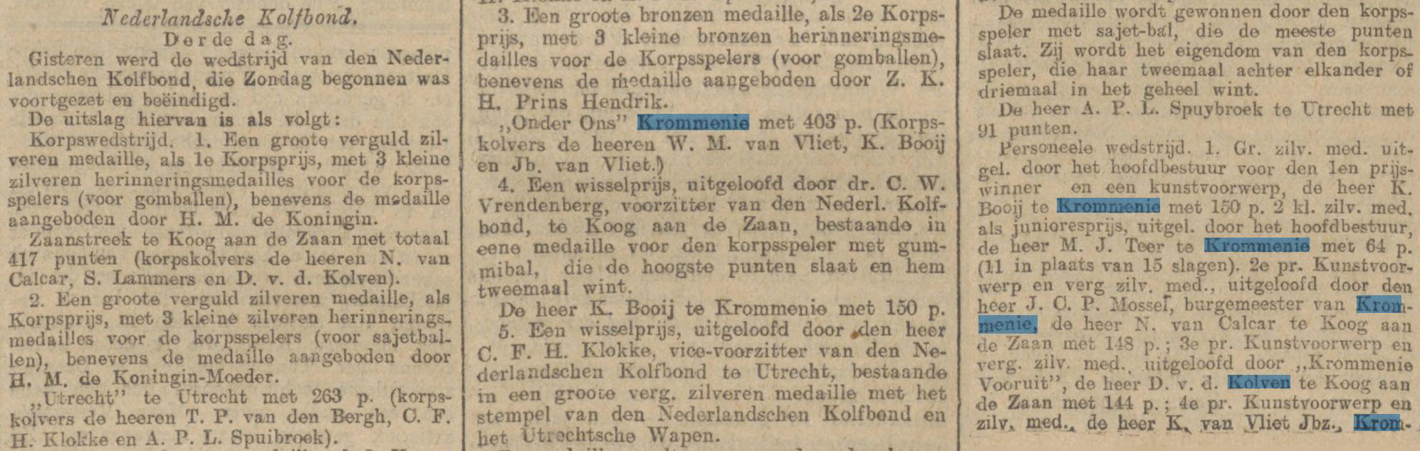 Krantenartikel kolfwedstrijd, Kolfbond, Zaantreek, Koog aan de Zaan, St. Eloyen Gasthuis, Onder Ons, Krommenie