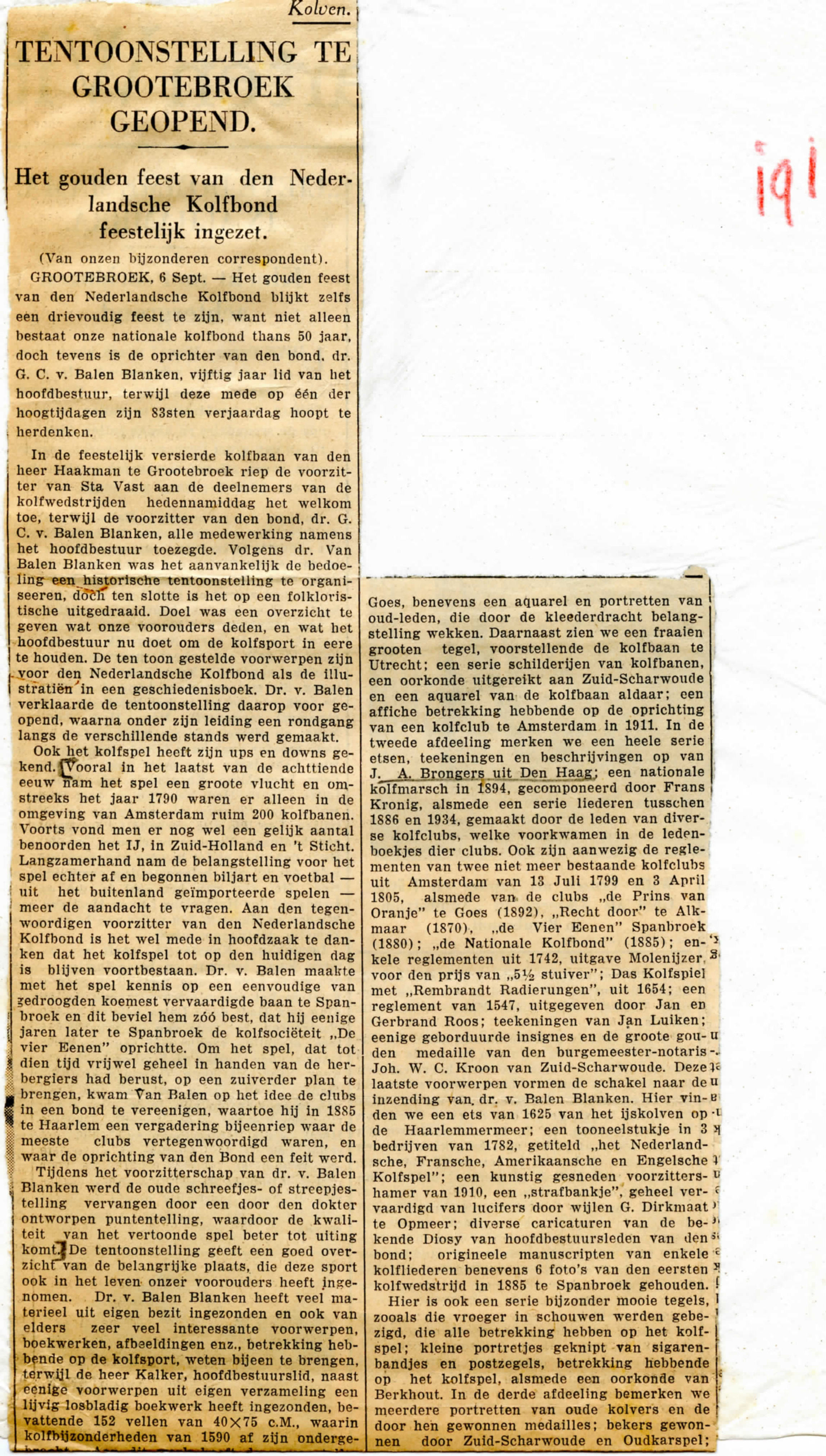 Kolfbond, 50 jaar, kolftentoonstelling, Grootebroek - 1935