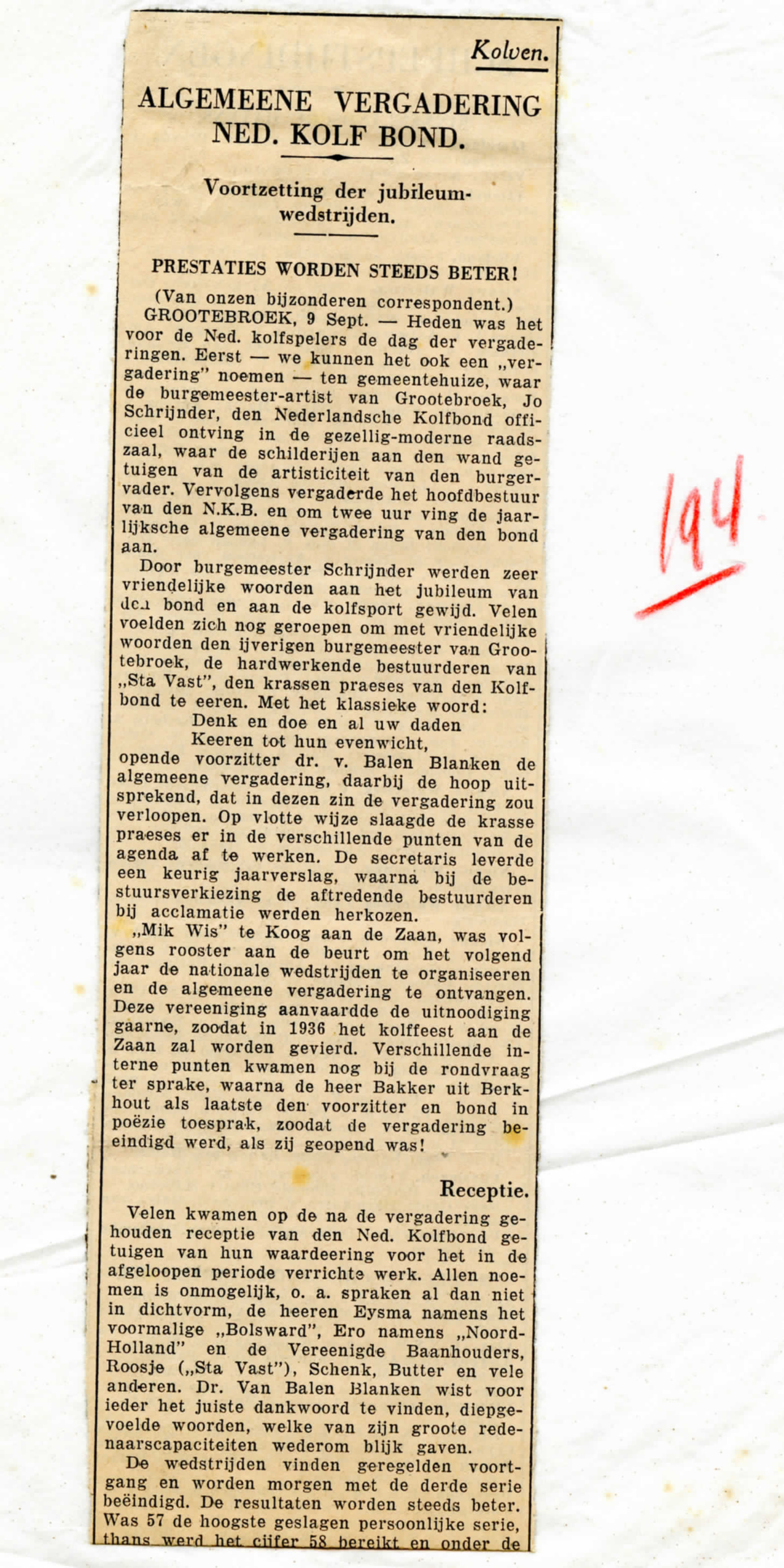 Kolfbond, 50 jaar, Sta Vast, Grootebroek, Jo Schrijnders. 1935