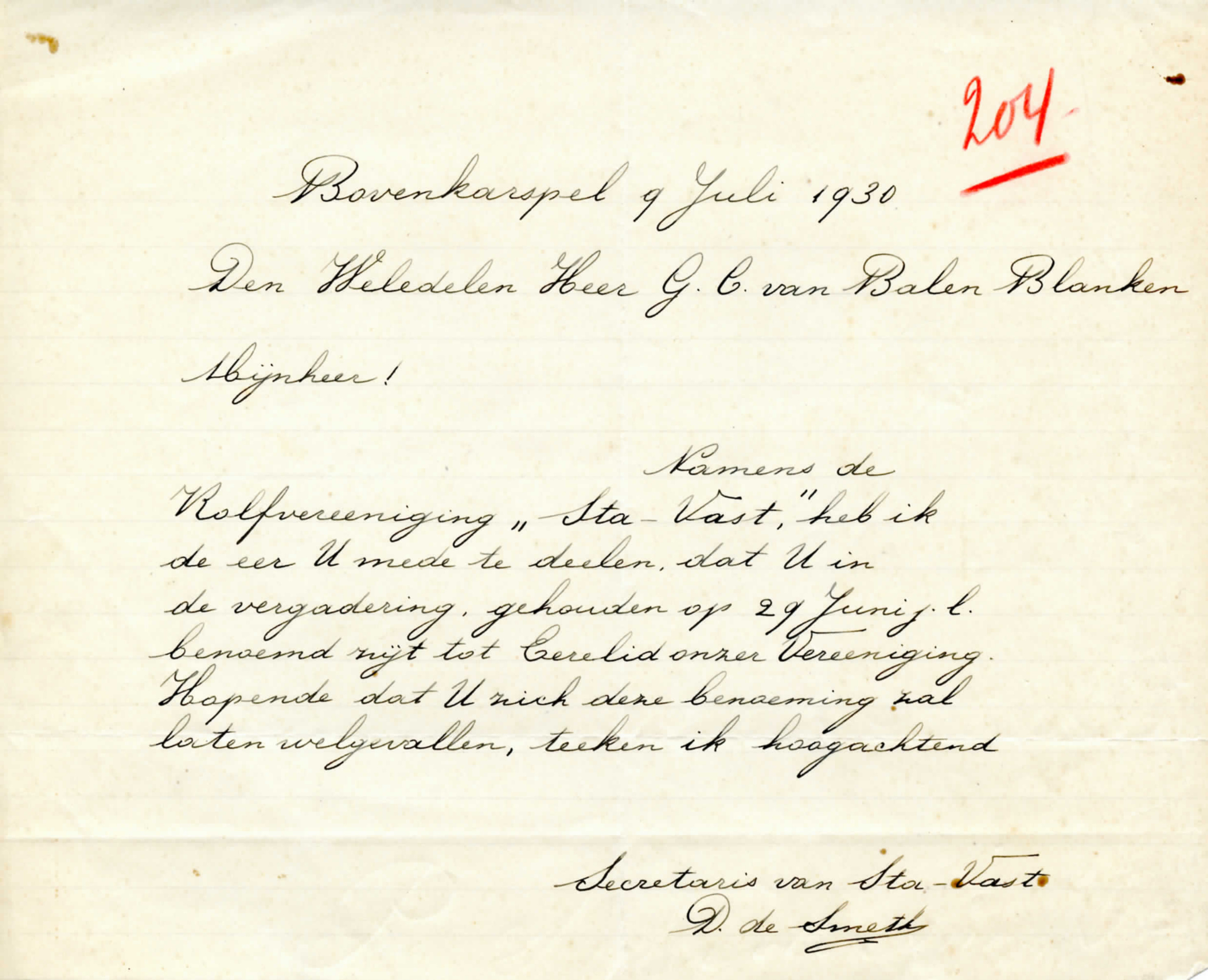 Sta Vast, Bovenkarspel, D. de Smeth, Dr. G.C. van Balen Blanken, erelid. 1930