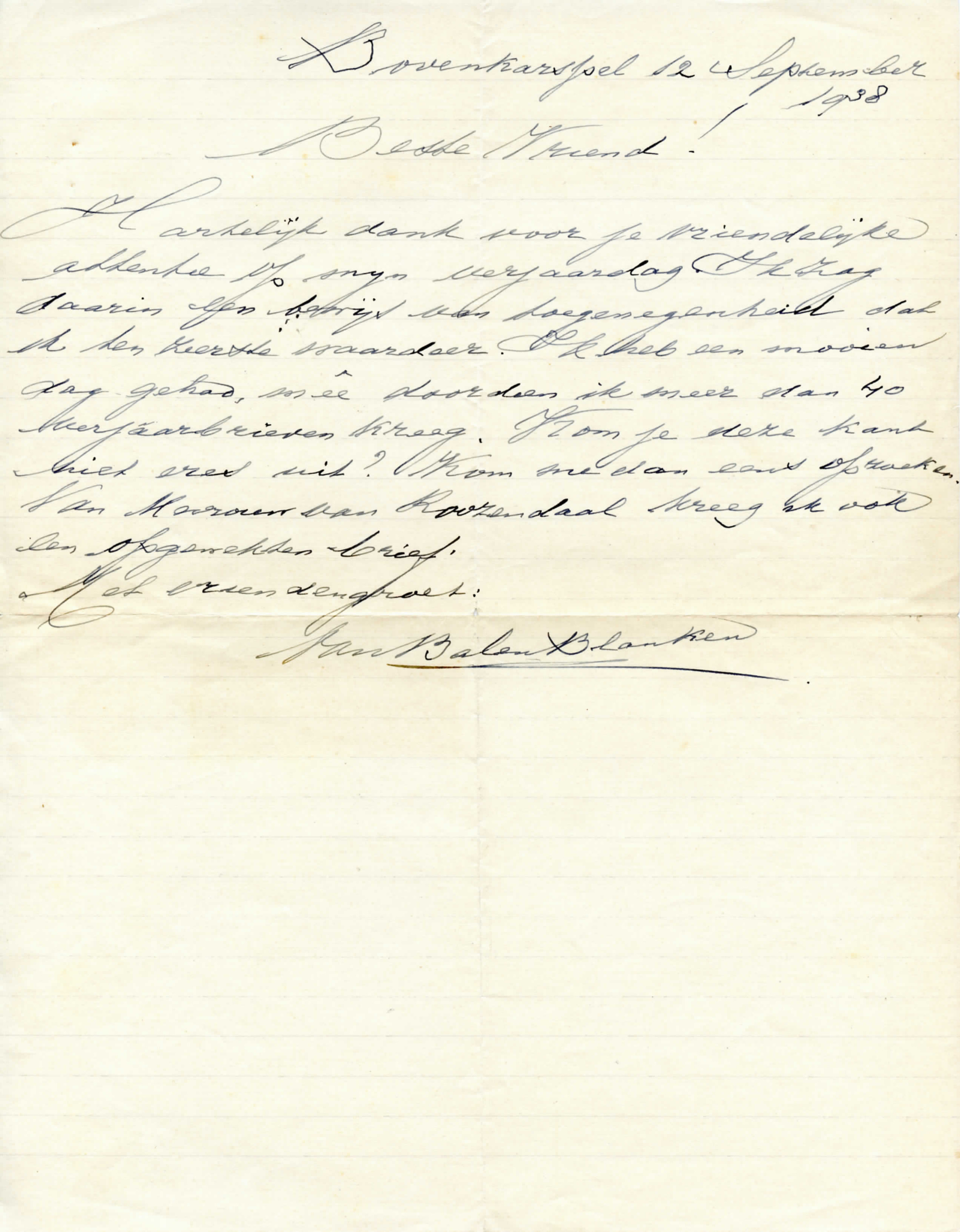 Brief aan onbekende (Joop Bongers?), Dr. G.C. van Balen Blanken. 1938