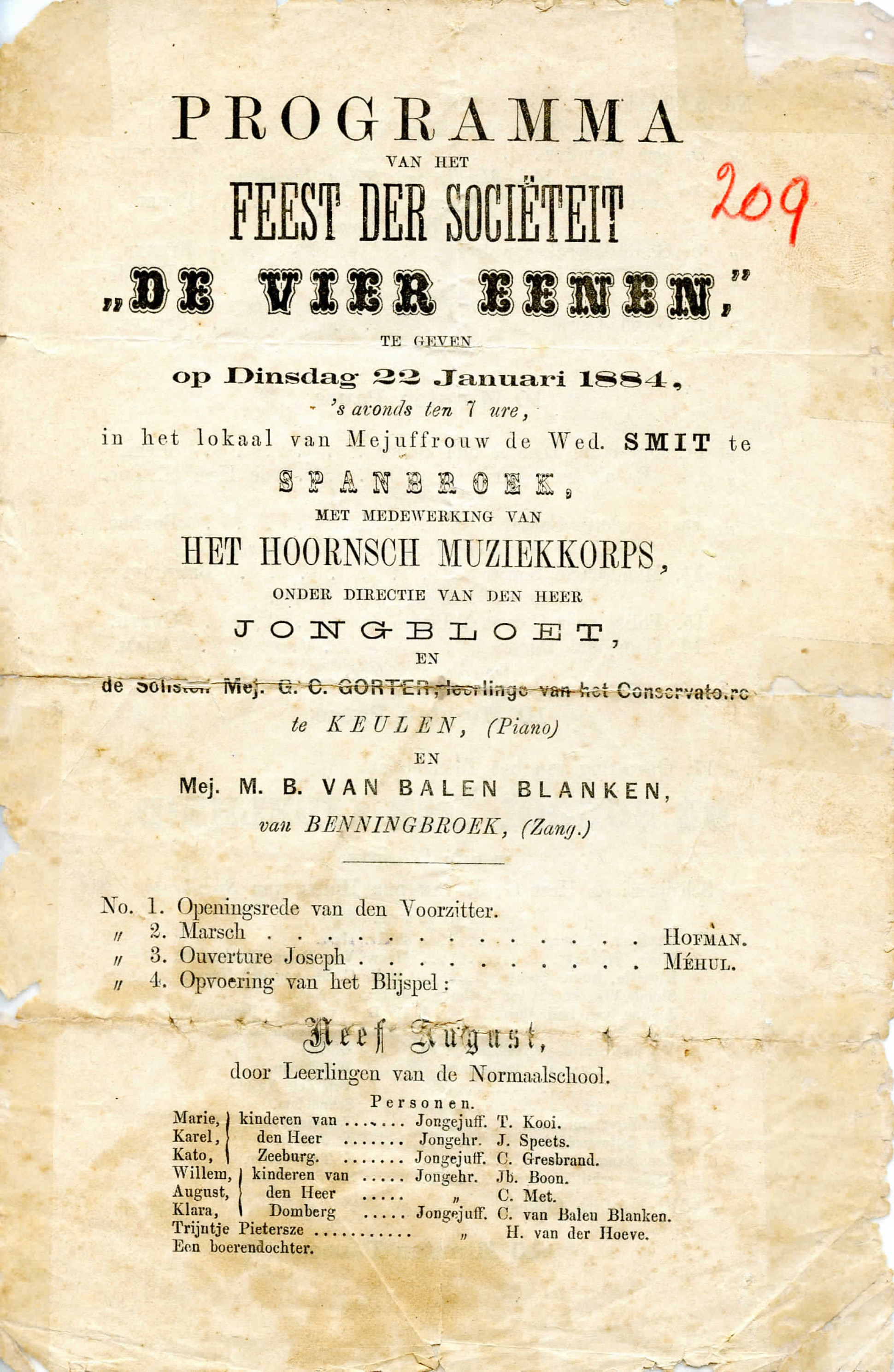 Feestprogramma, De Vier Eenen, Spanbroek. 1884