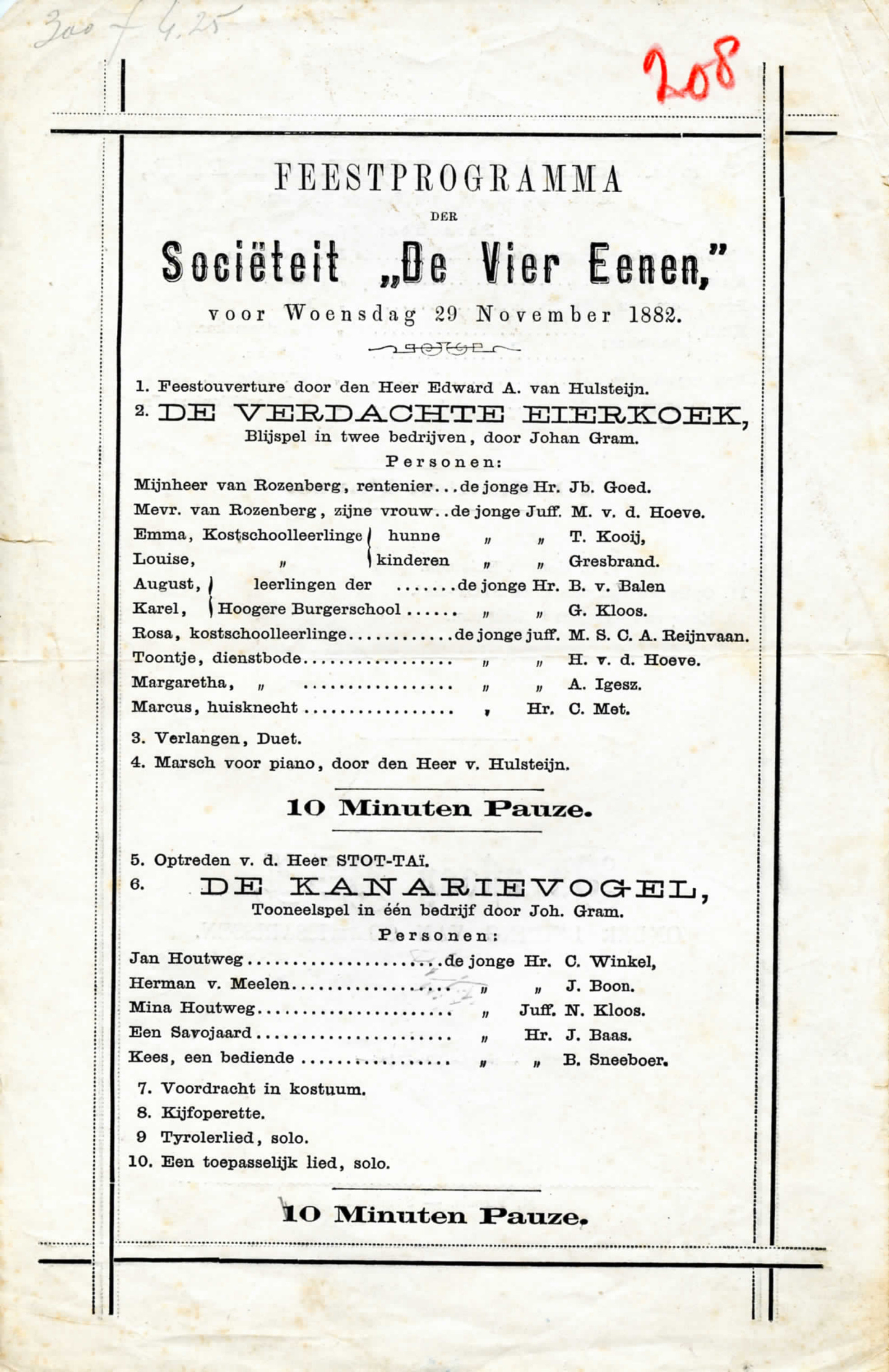 Feestprogramma, De Vier Eenen, Spanbroek. 1882