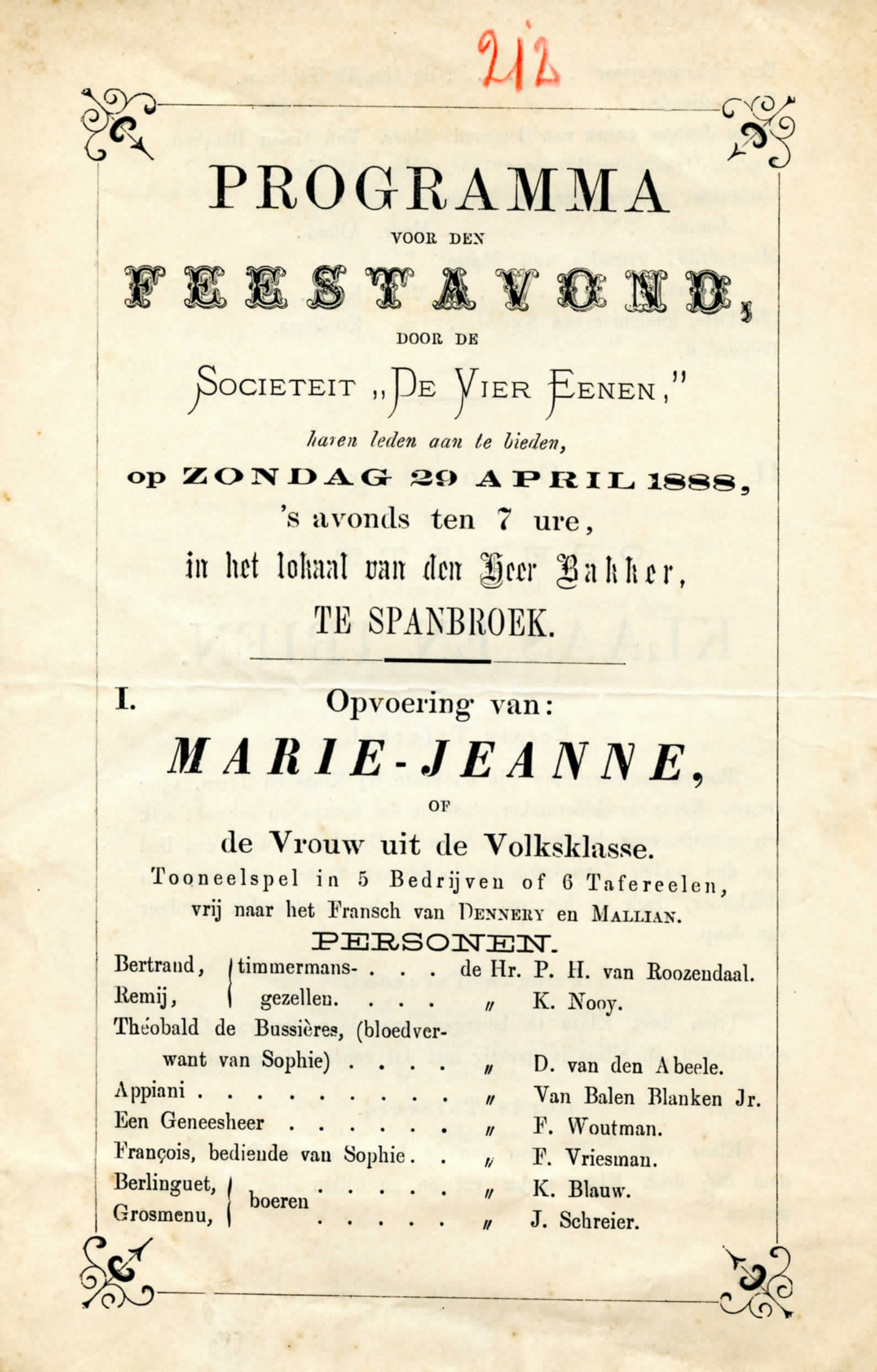 Feestprogramma, De Vier Eenen, Spanbroek. 1888