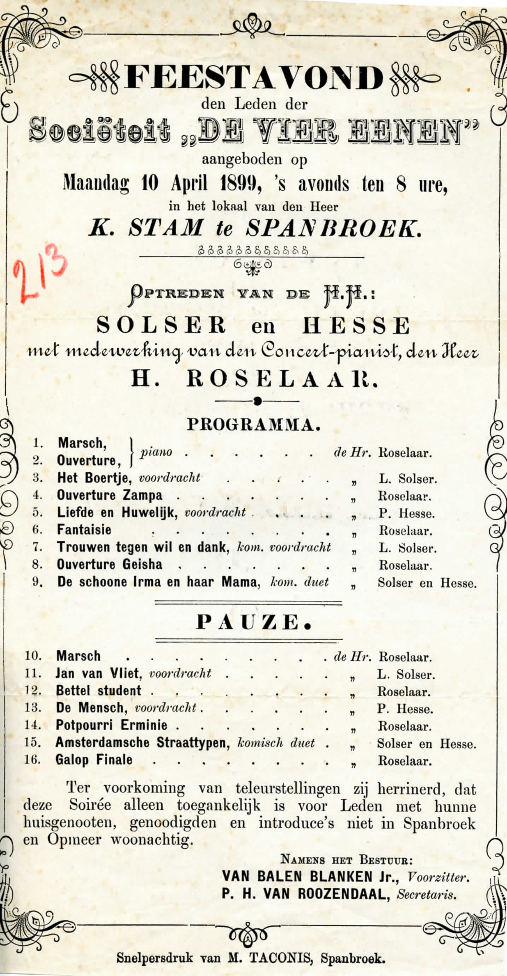 Feestprogramma, De Vier Eenen, Spanbroek. 1899