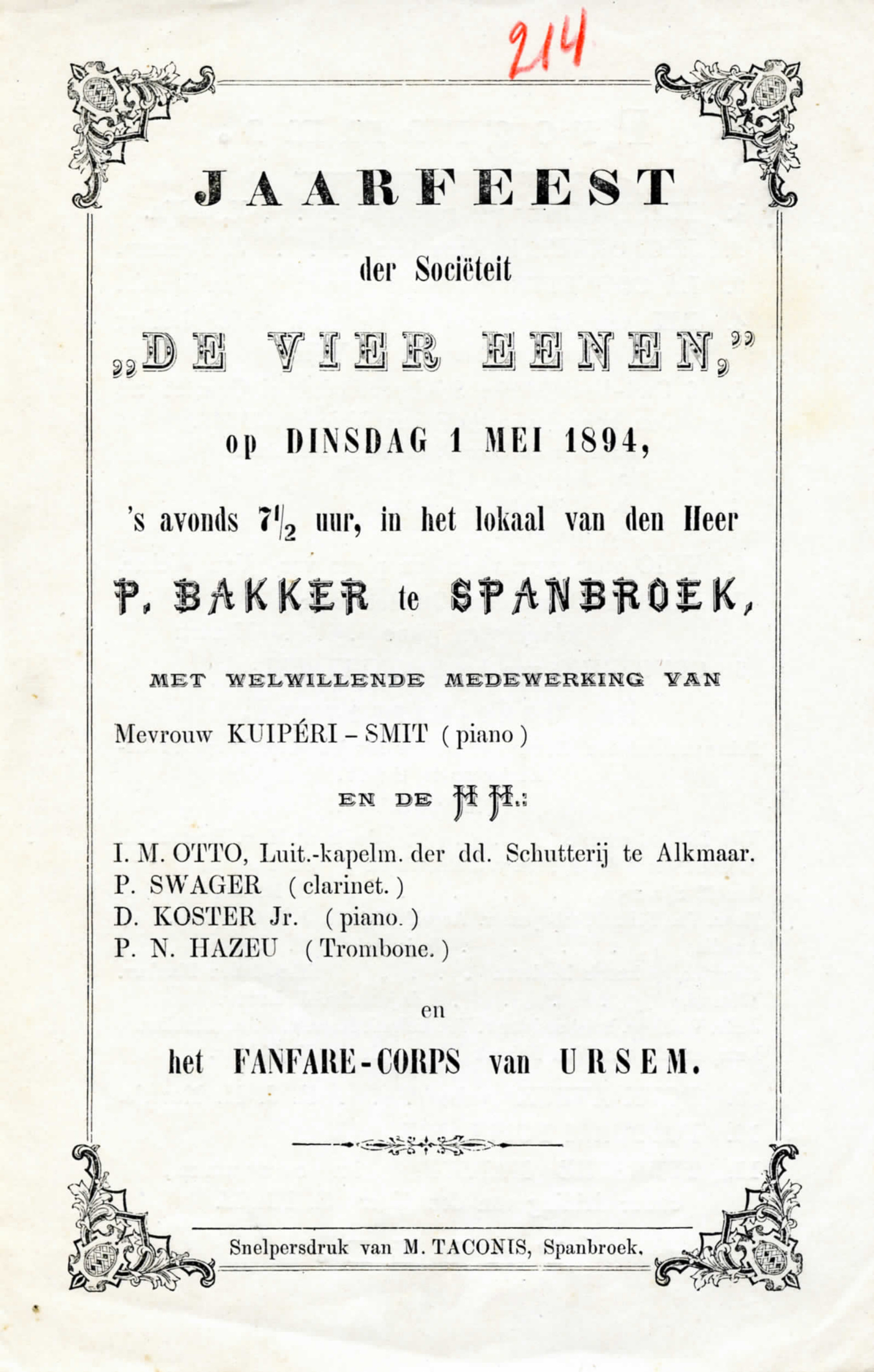 Feestprogramma, De Vier Eenen, Spanbroek. 1894