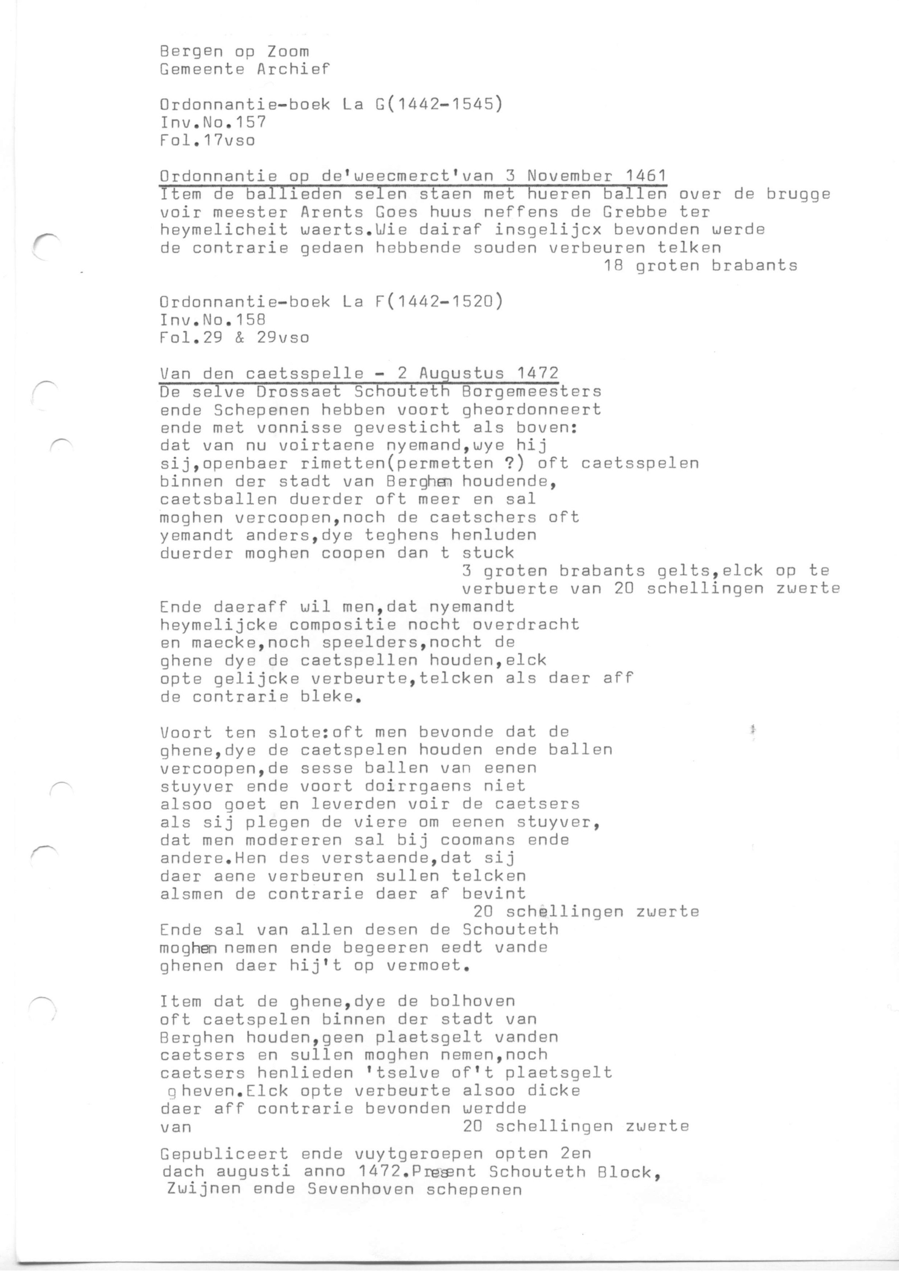 Rechtsbronnen, Ordonnantieboeken Bergen op Zoom (transcripties)