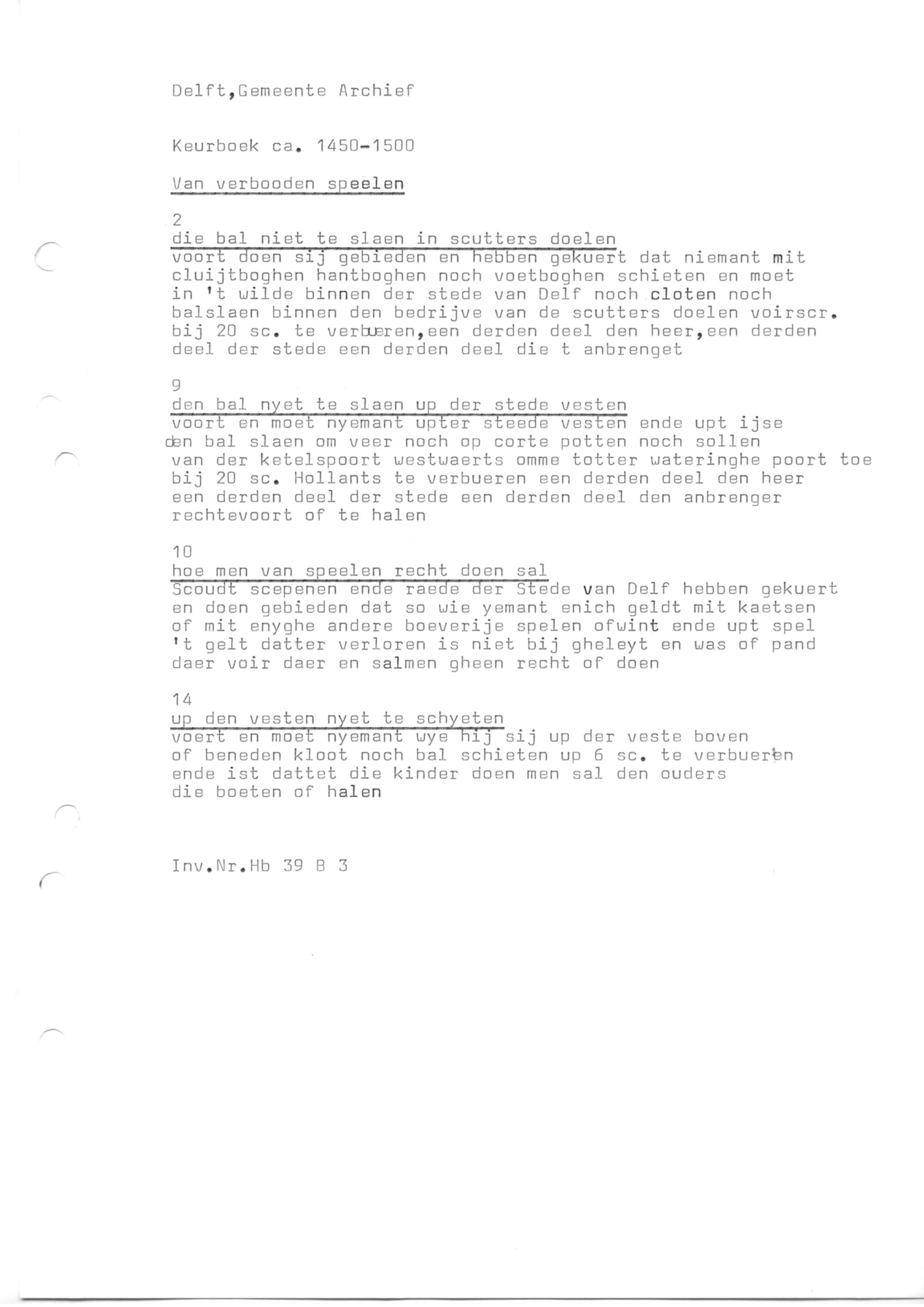 ​Rechtsbronnen, keurboeken Delft (transcripties)