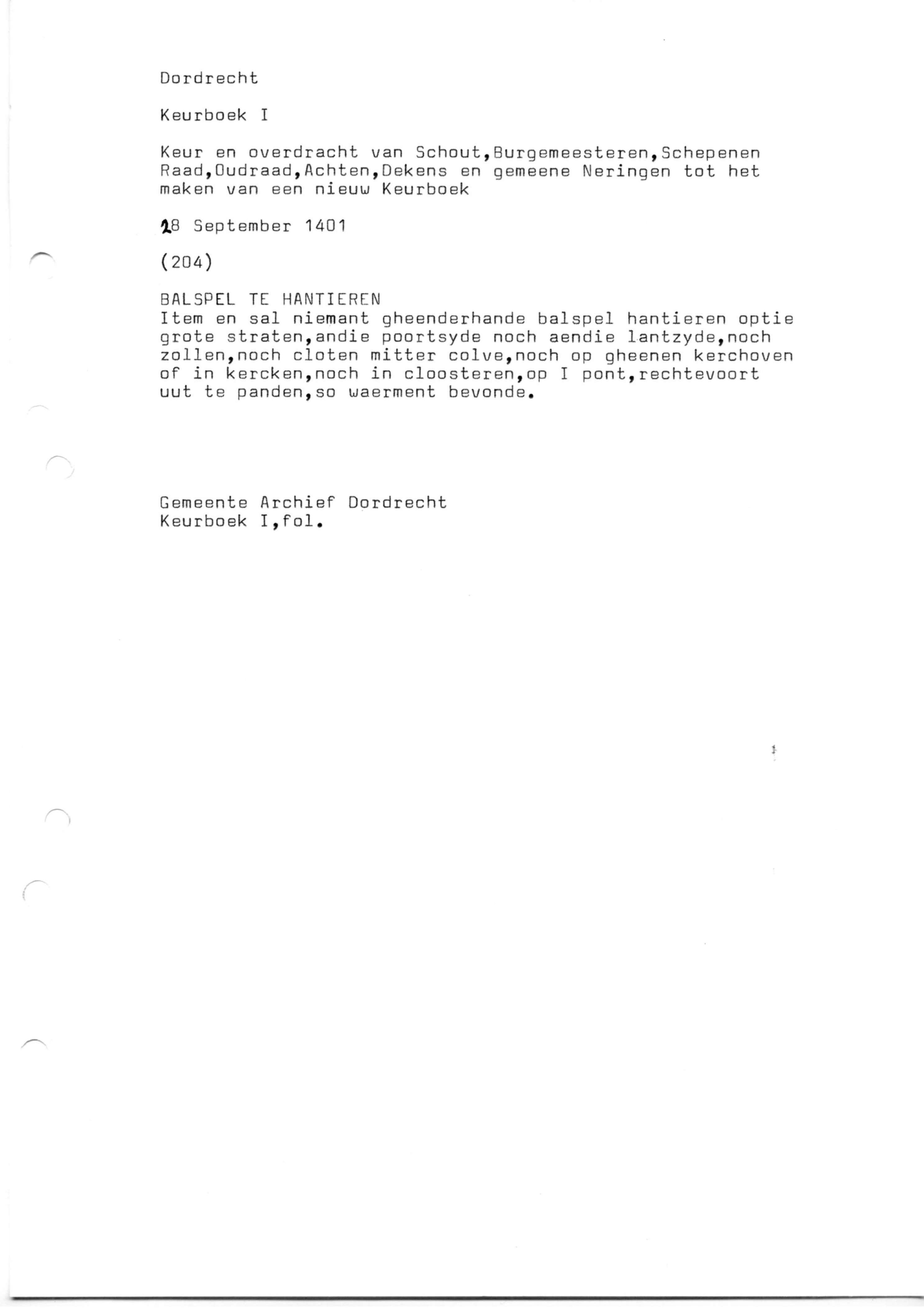 Archief S.J.H. van Hengel, Rechtsbronnen, Keurboek Dordrecht (transcript) - 1401​​