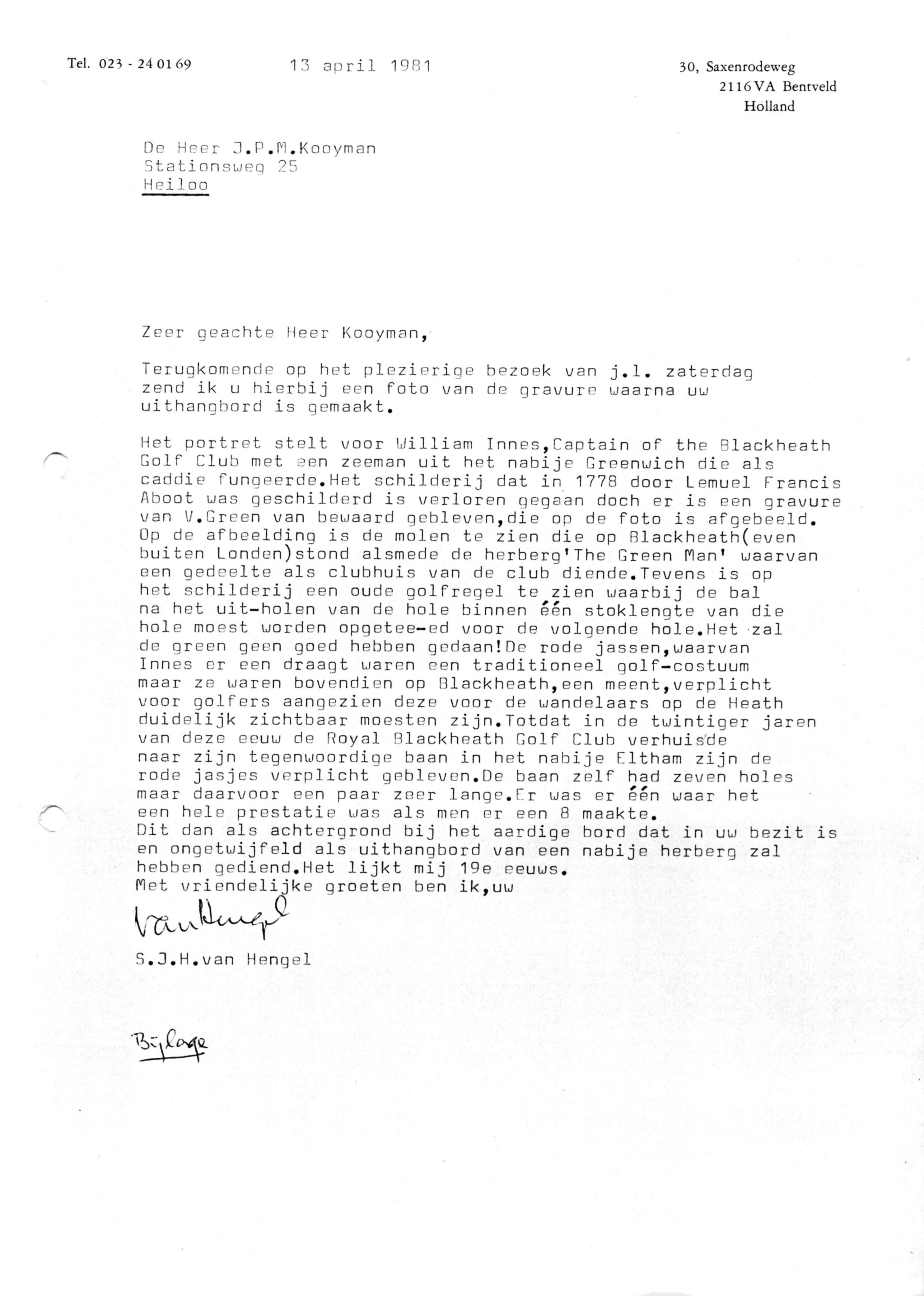 Correspondentie, van Steven J.H. van Hengel, aan J.P.M. Kooyman. 1981