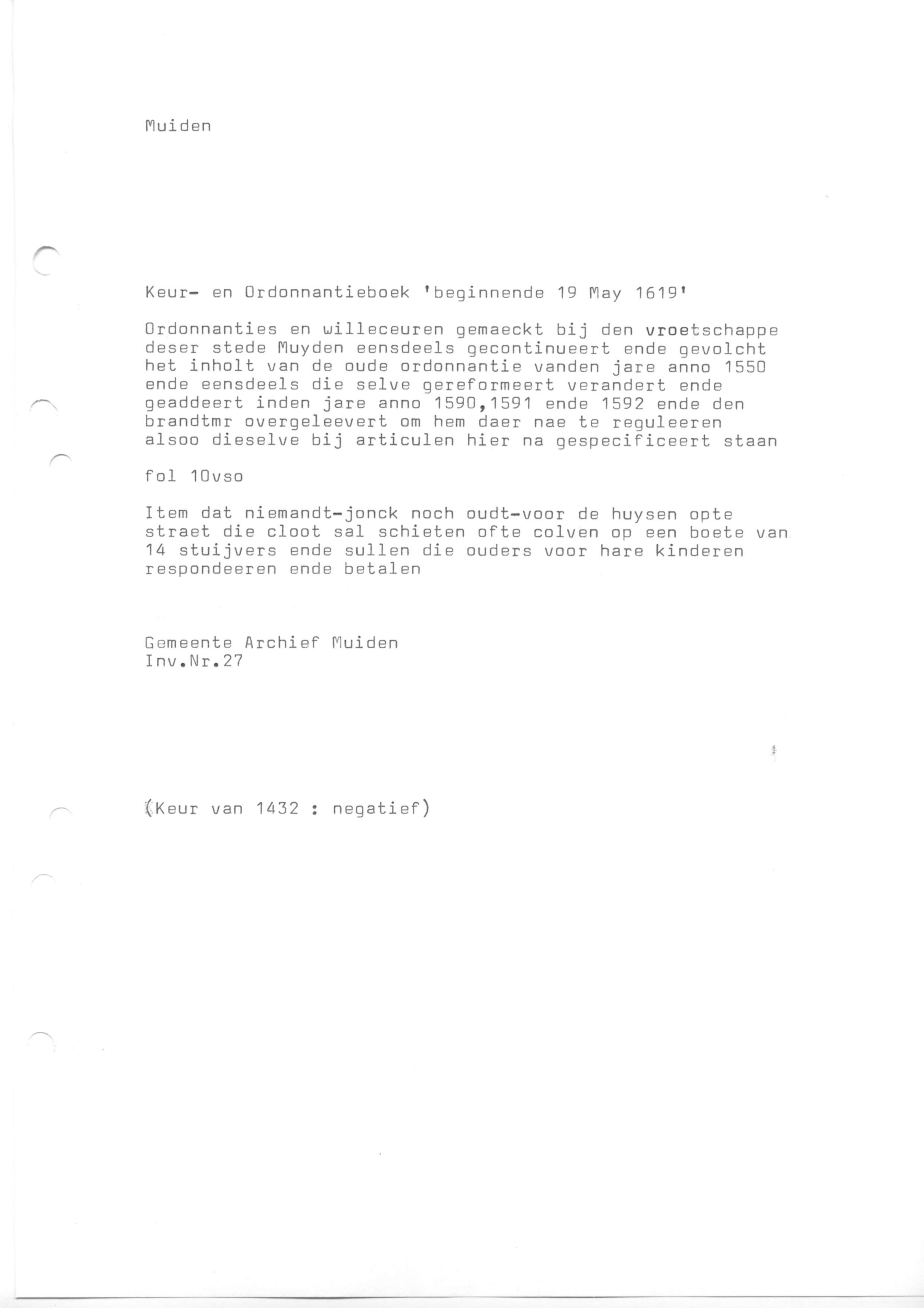 Rechtsbronnen, Keurboeken, Ordonnantieboeken Muiden (transcripties)