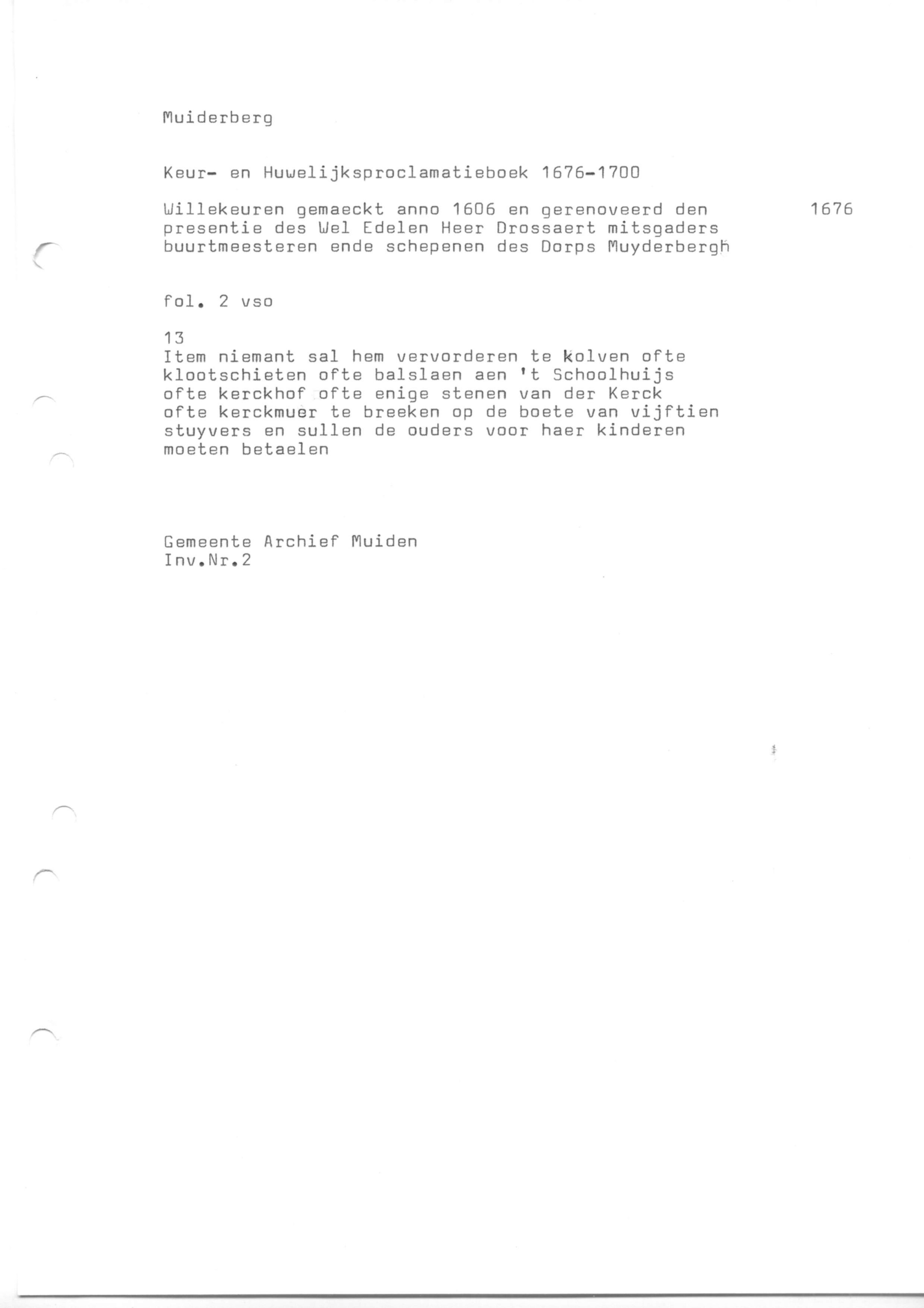 Rechtsbronnen, Keur- en Huwelijksproclamatieboek Muiderberg (transcripties)