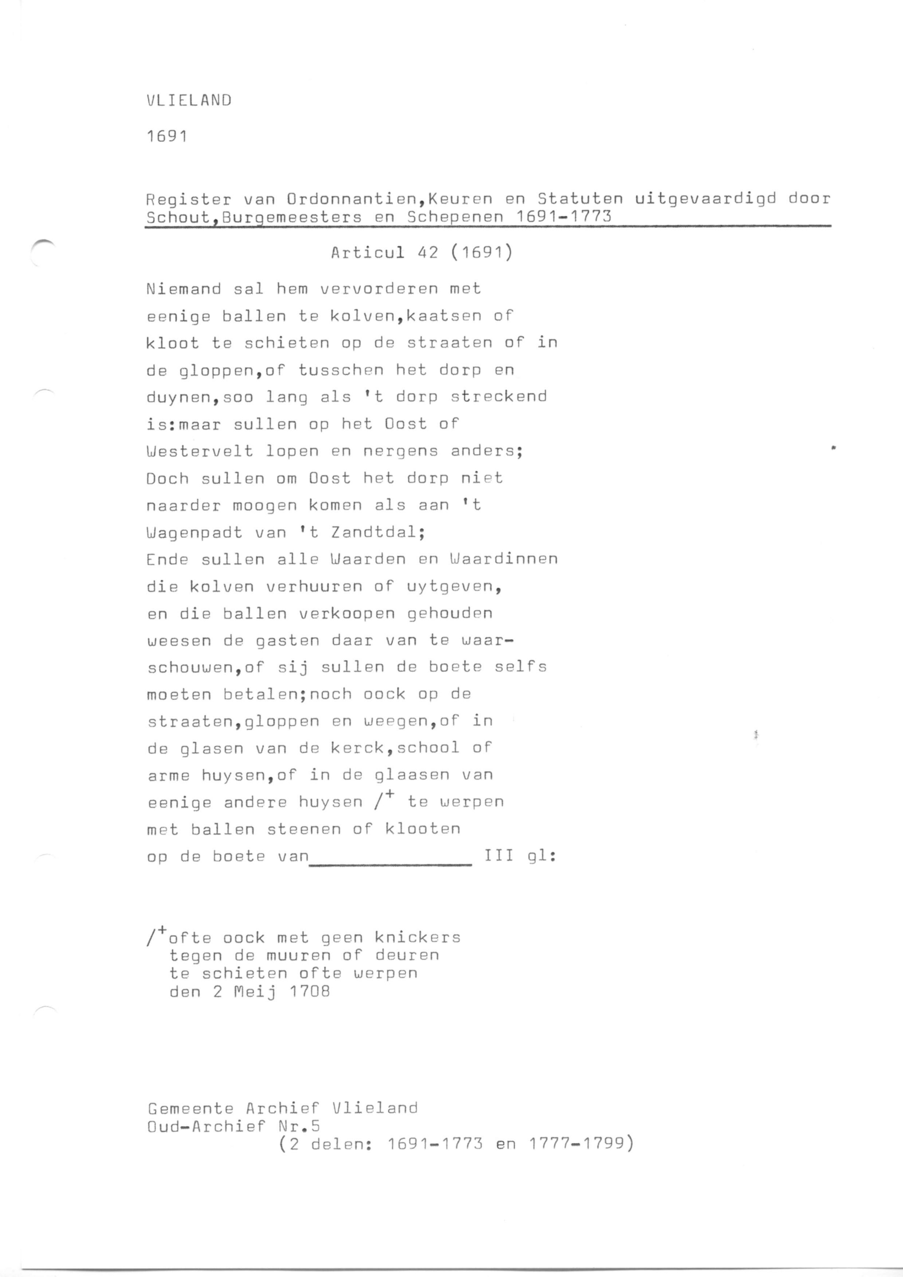 Rechtsbronnen, Ordonnantien, Keuren en Statuten Vlieland (transcripties)