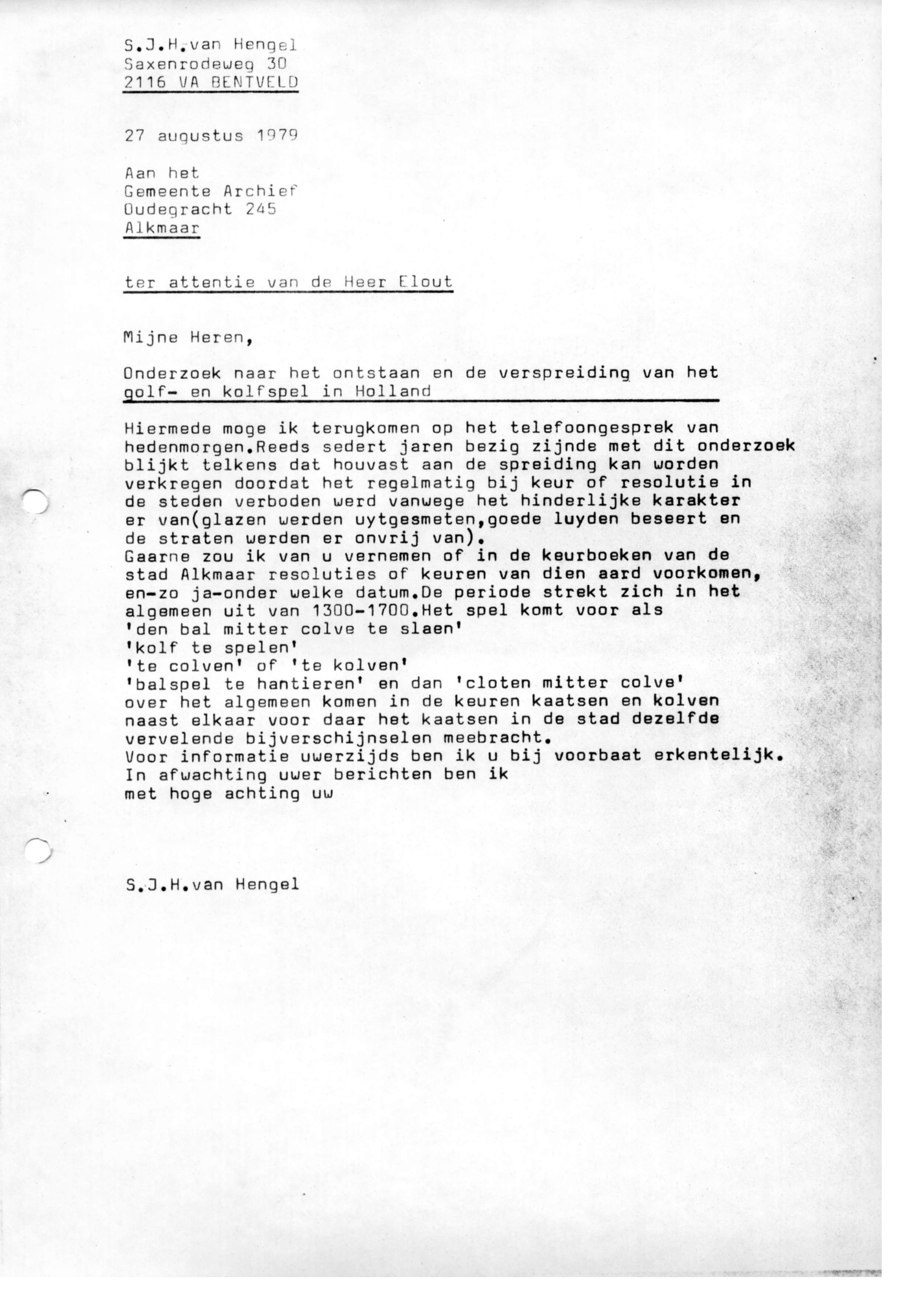 Correspondentie, Steven J.H. van Hengel met Archief Alkmaar. 1979-1980