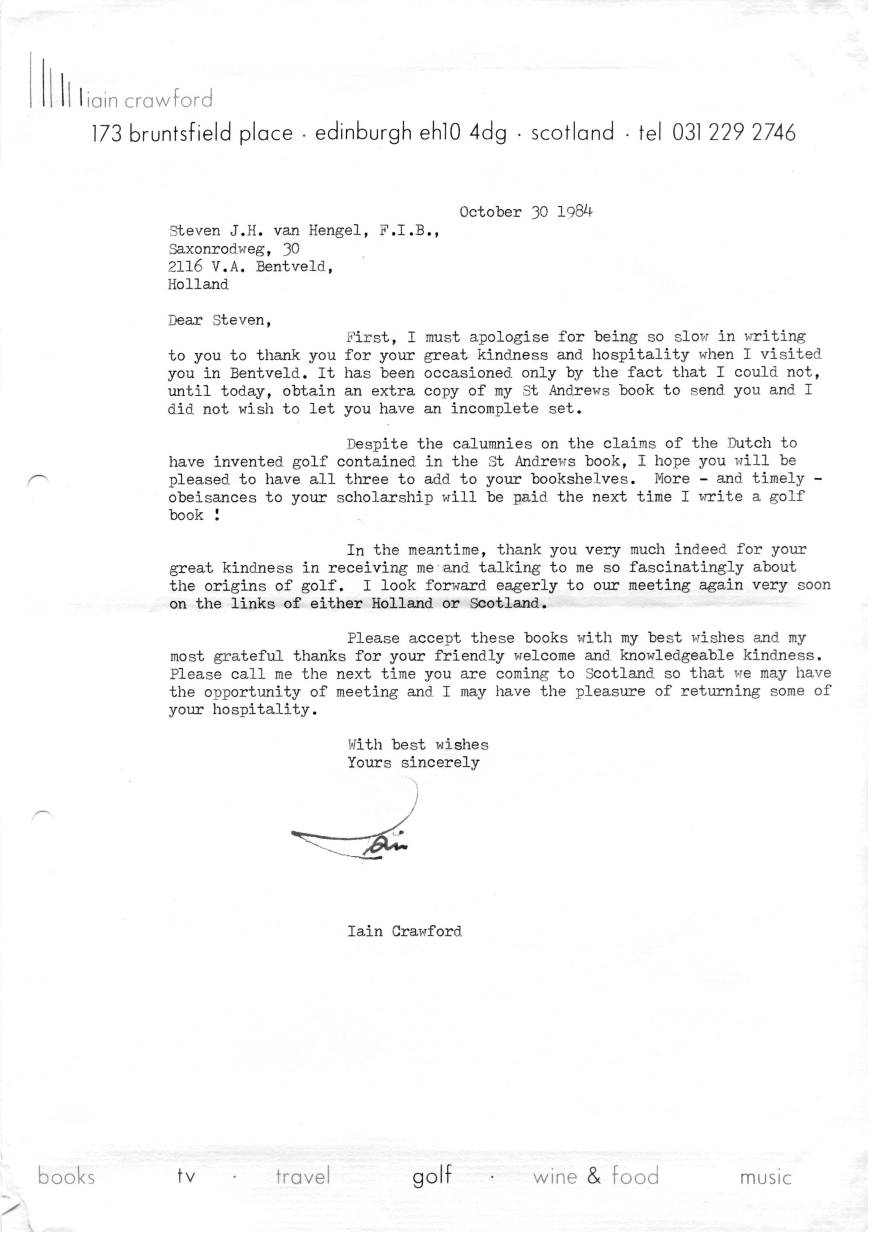 Correspondentie, Steven J.H. van Hengel met Iain Crawford, Edinburgh. 1984