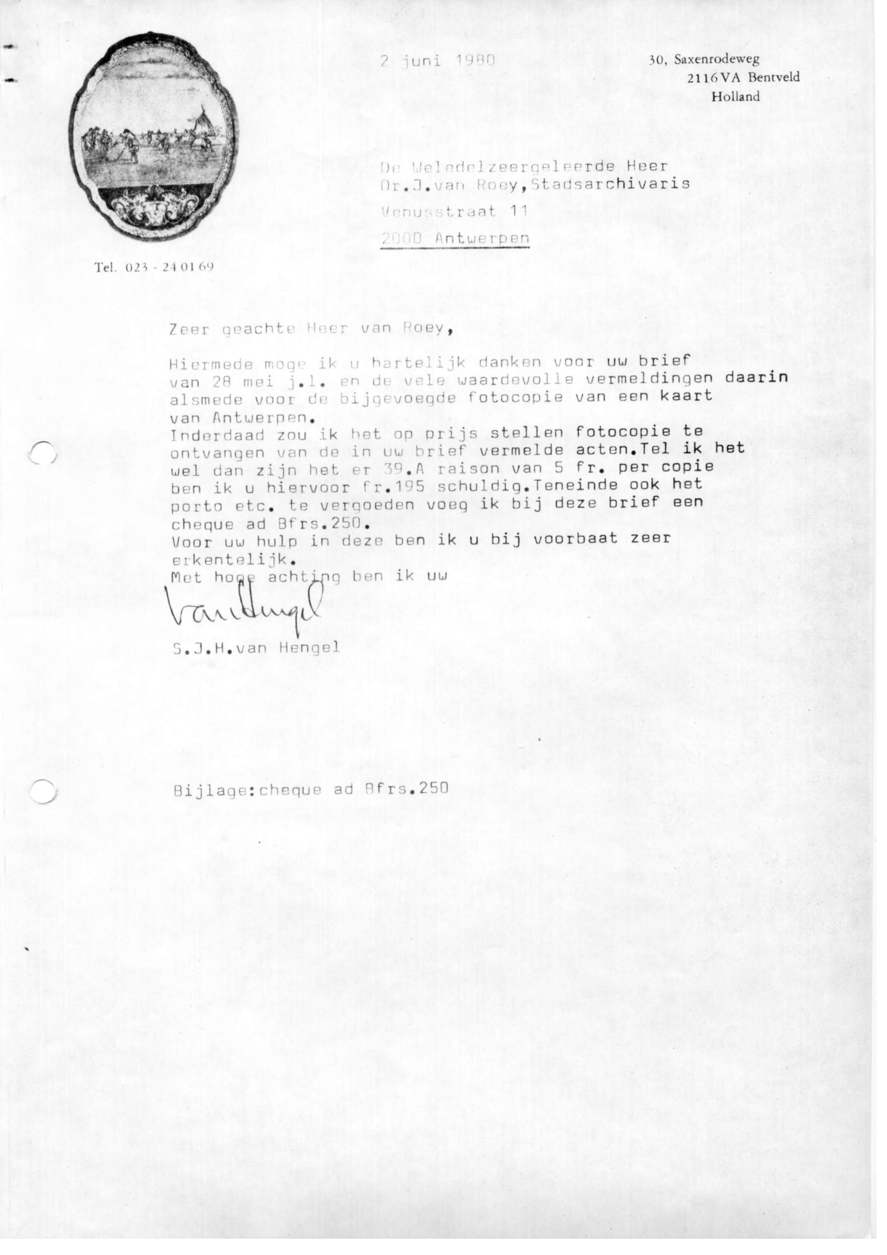 Correspondentie, Steven J.H. van Hengel met Archief Antwerpen, 2. 1980