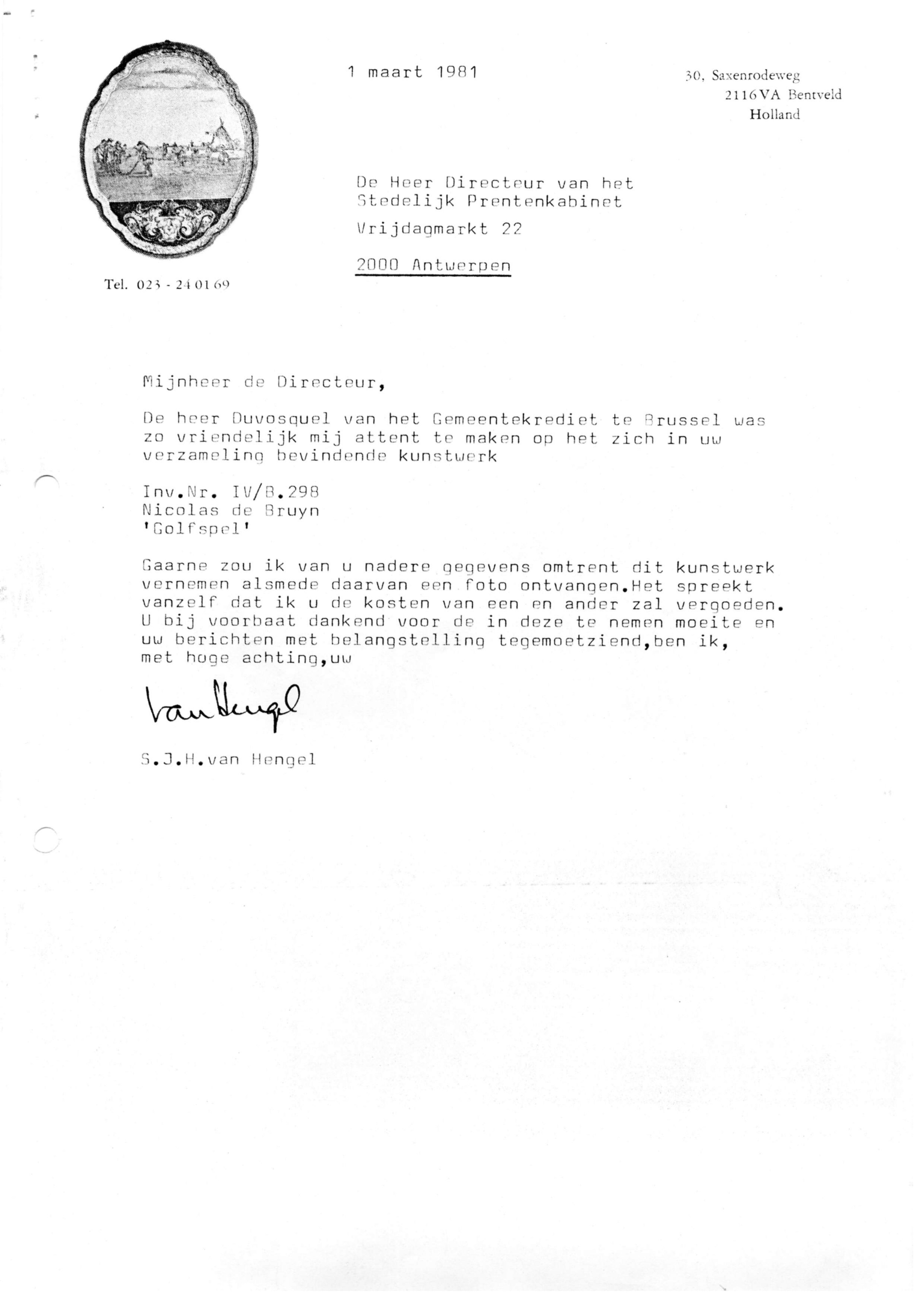 Correspondentie, Steven J.H. van Hengel met Prentenkabinet Antwerpen, 3. 1981
