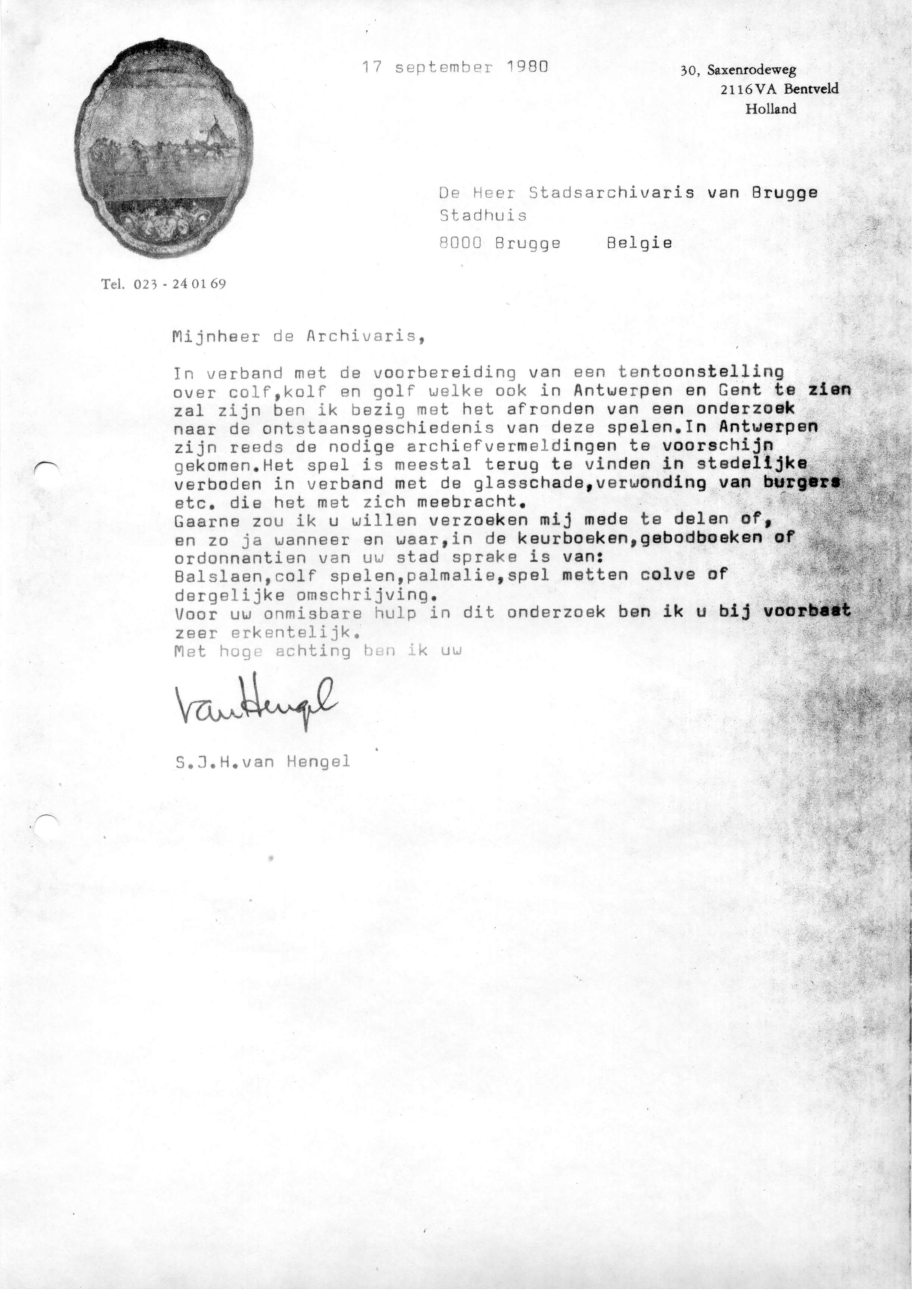 Correspondentie, Steven J.H. van Hengel met Archief Brugge. 1980