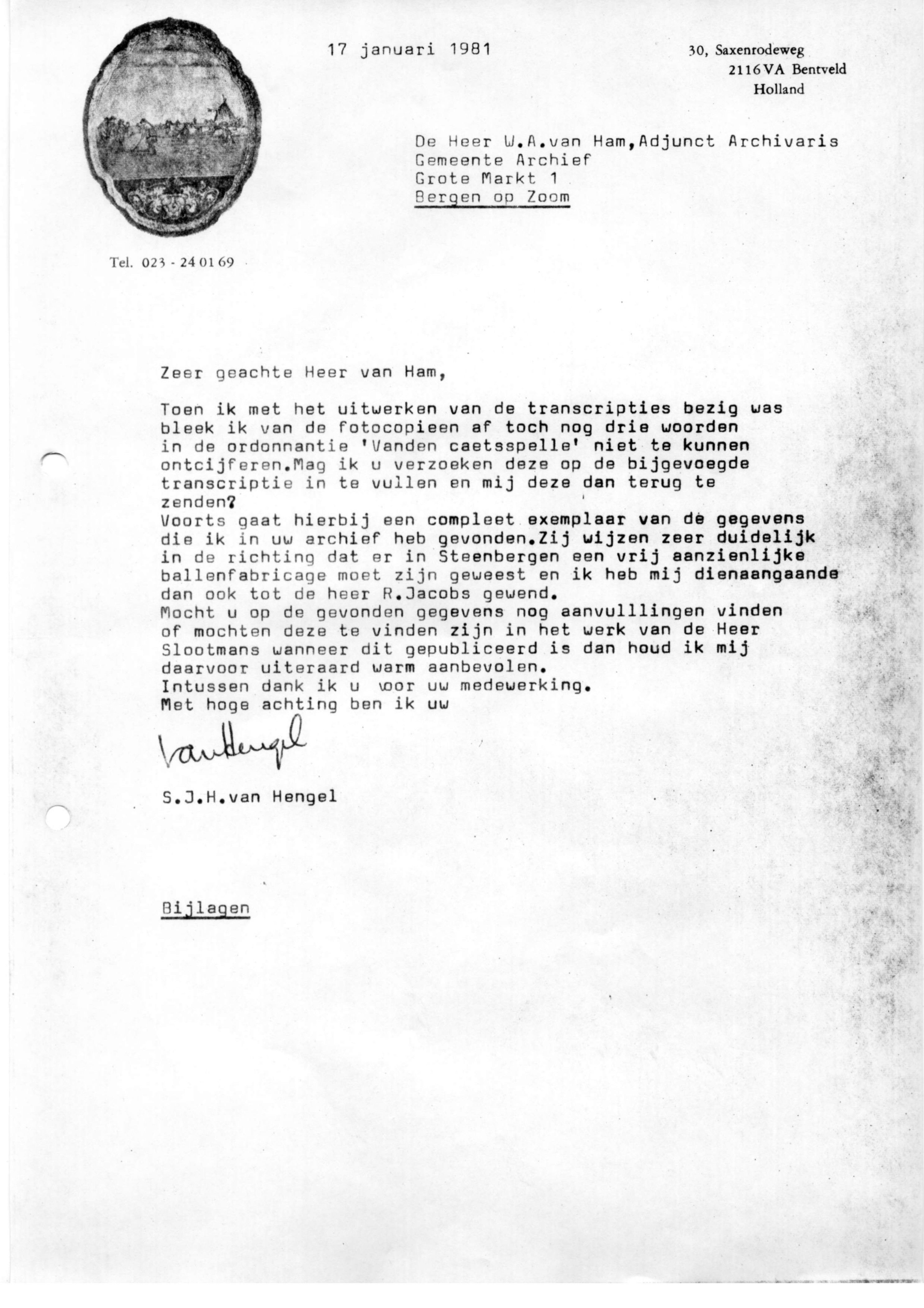 Correspondentie, Steven J.H. van Hengel met Archief Bergen op Zoom. 1981