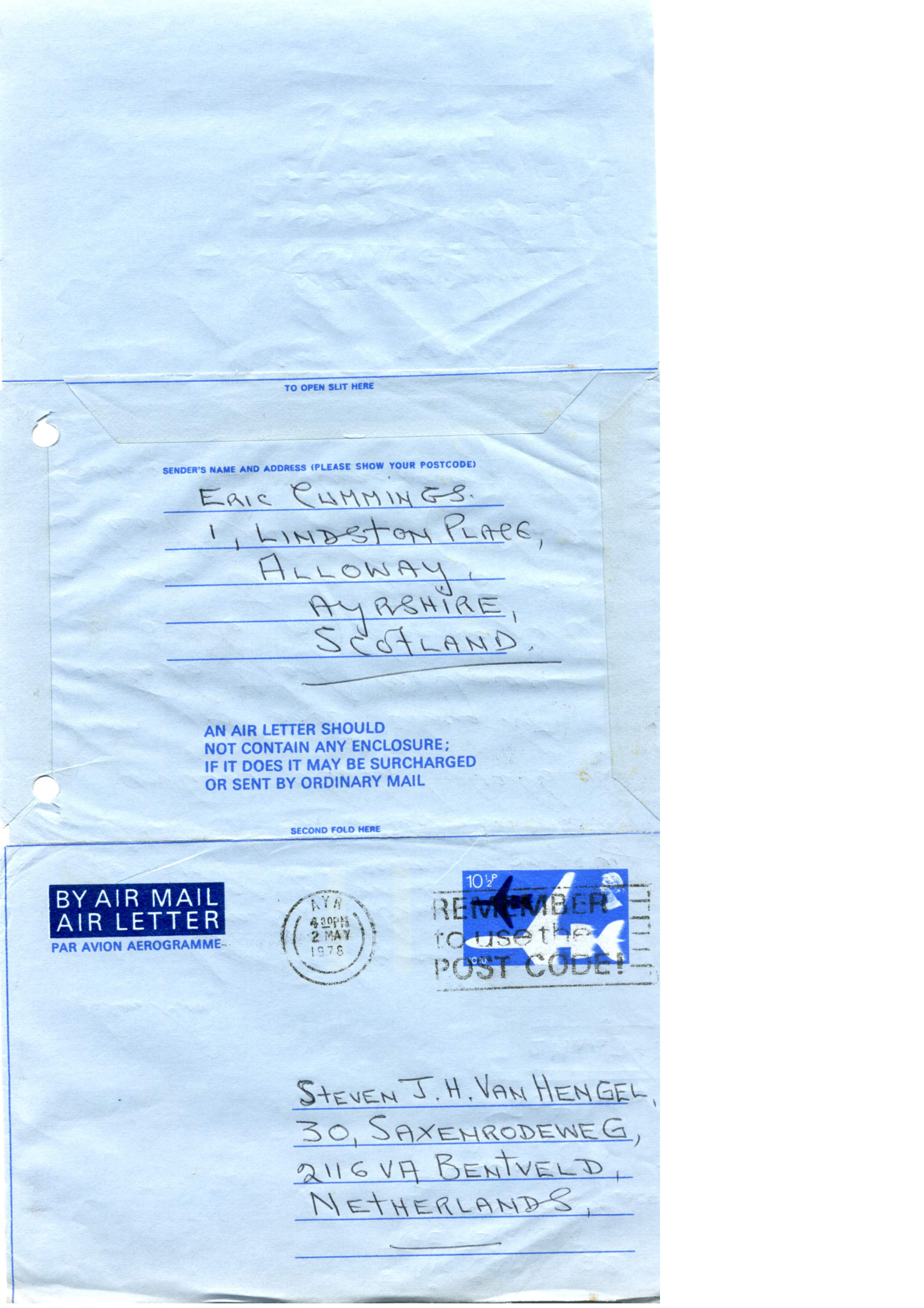 Correspondentie, Steven J.H. van Hengel met Eric Cummings. 1978
