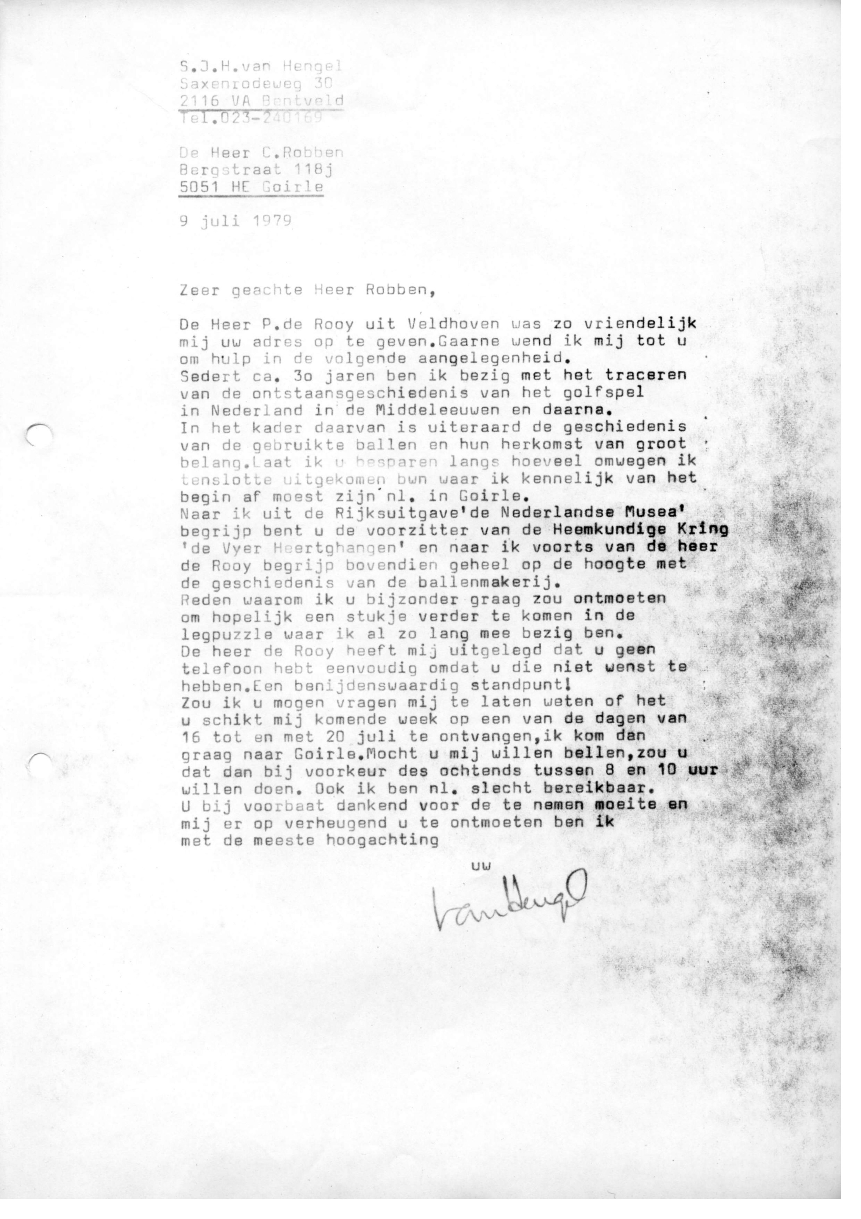Correspondentie, Steven J.H. van Hengel aan C. Robben, colfballen, Goirle. 1979