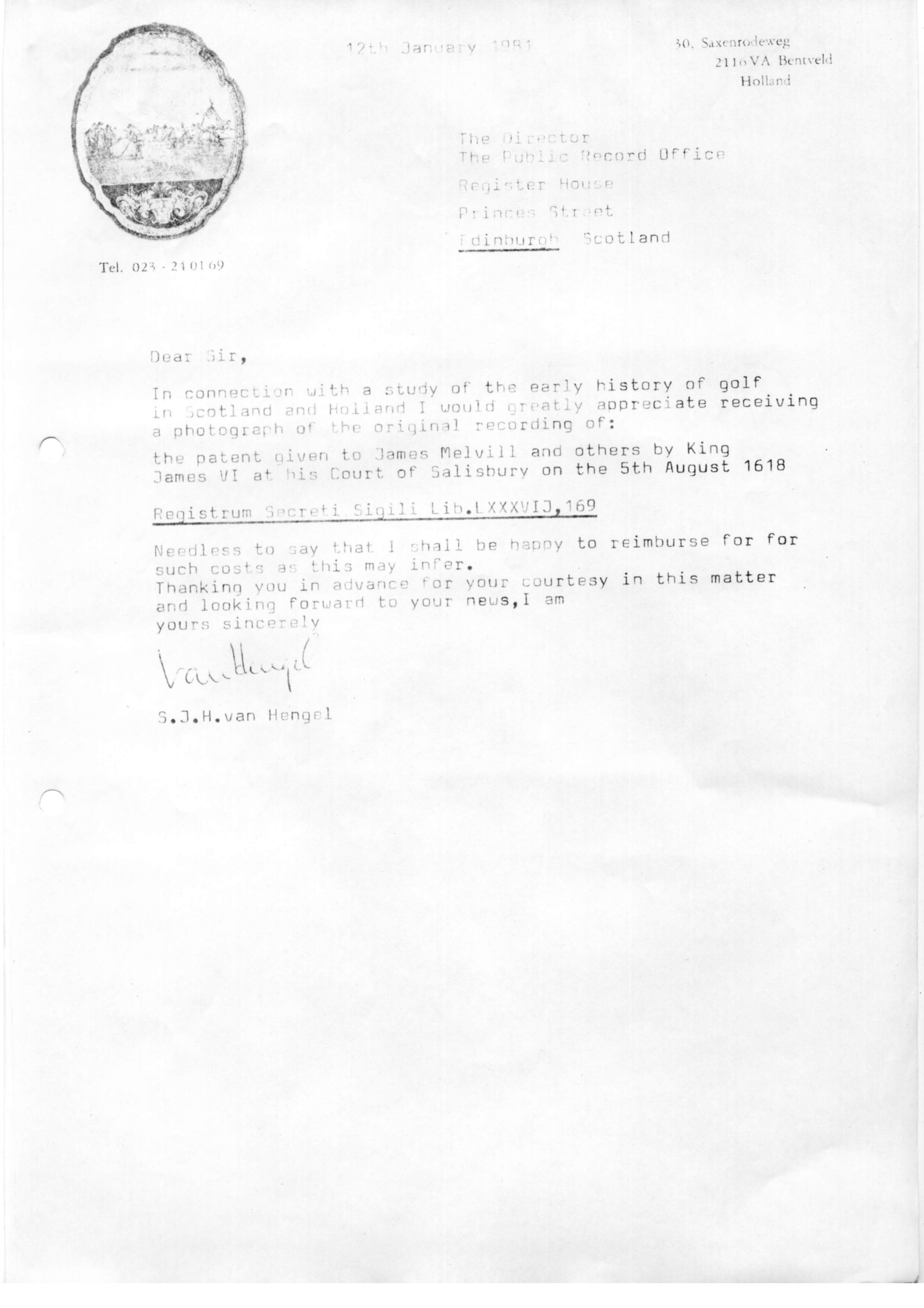 Correspondentie, Steven J.H. van Hengel met Scottish Record Office. 1981-1982