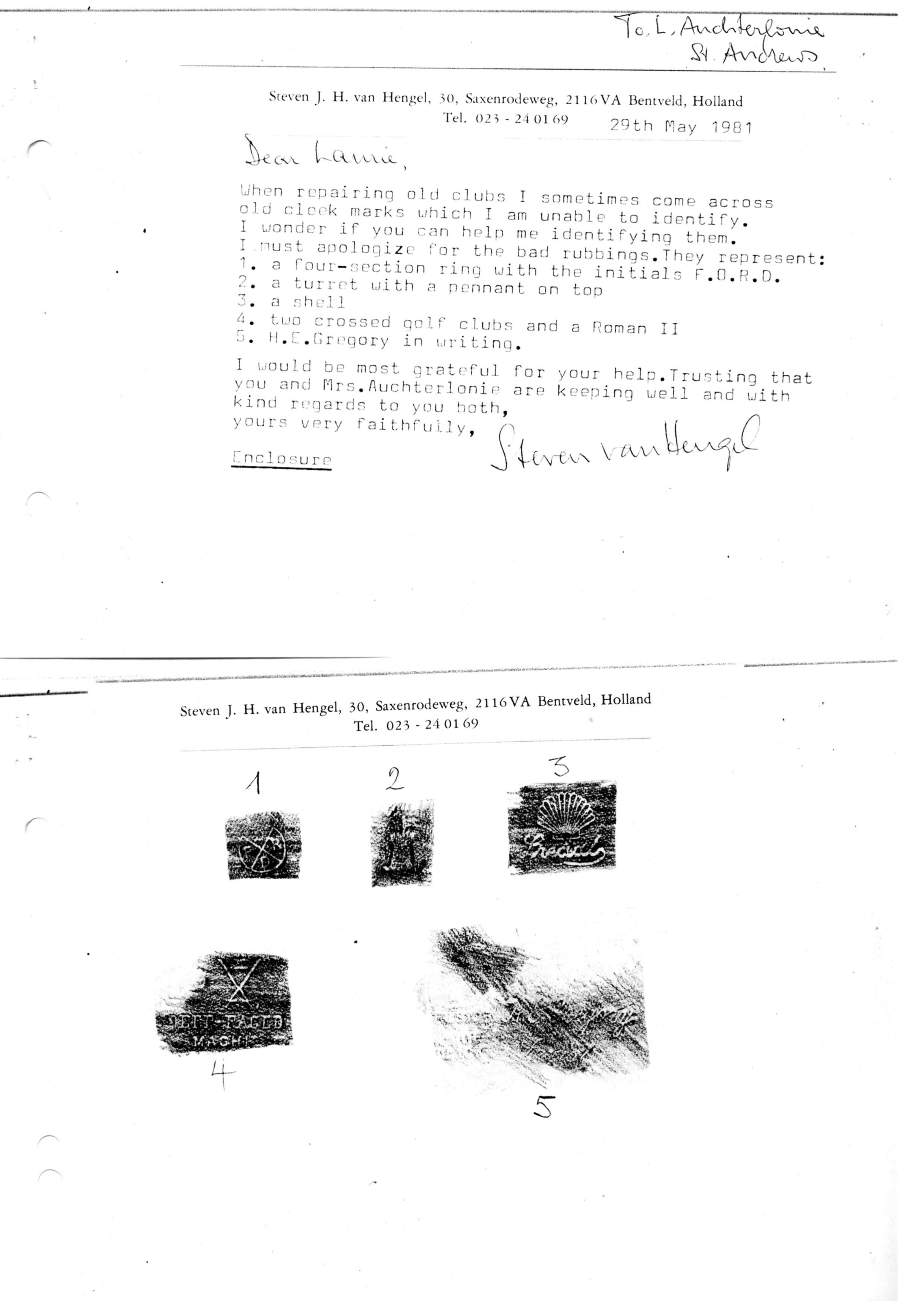 Correspondentie, Steven J.H. van Hengel met Lawrence Anchterlonie, St Andrews. 1981