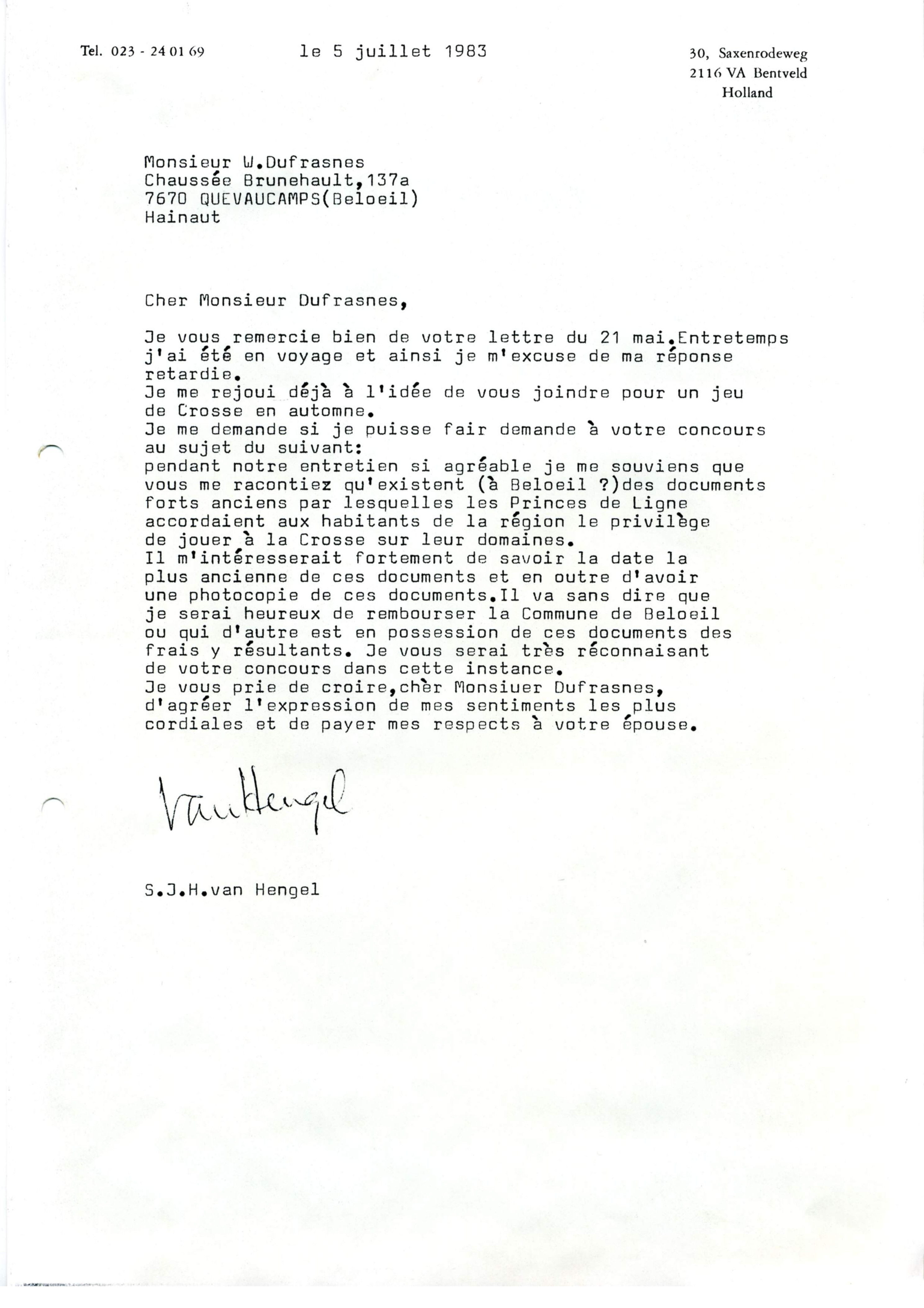 Correspondentie, Steven J.H. van Hengel met W. Dufrasnes, Jeu de Crosse. 1983