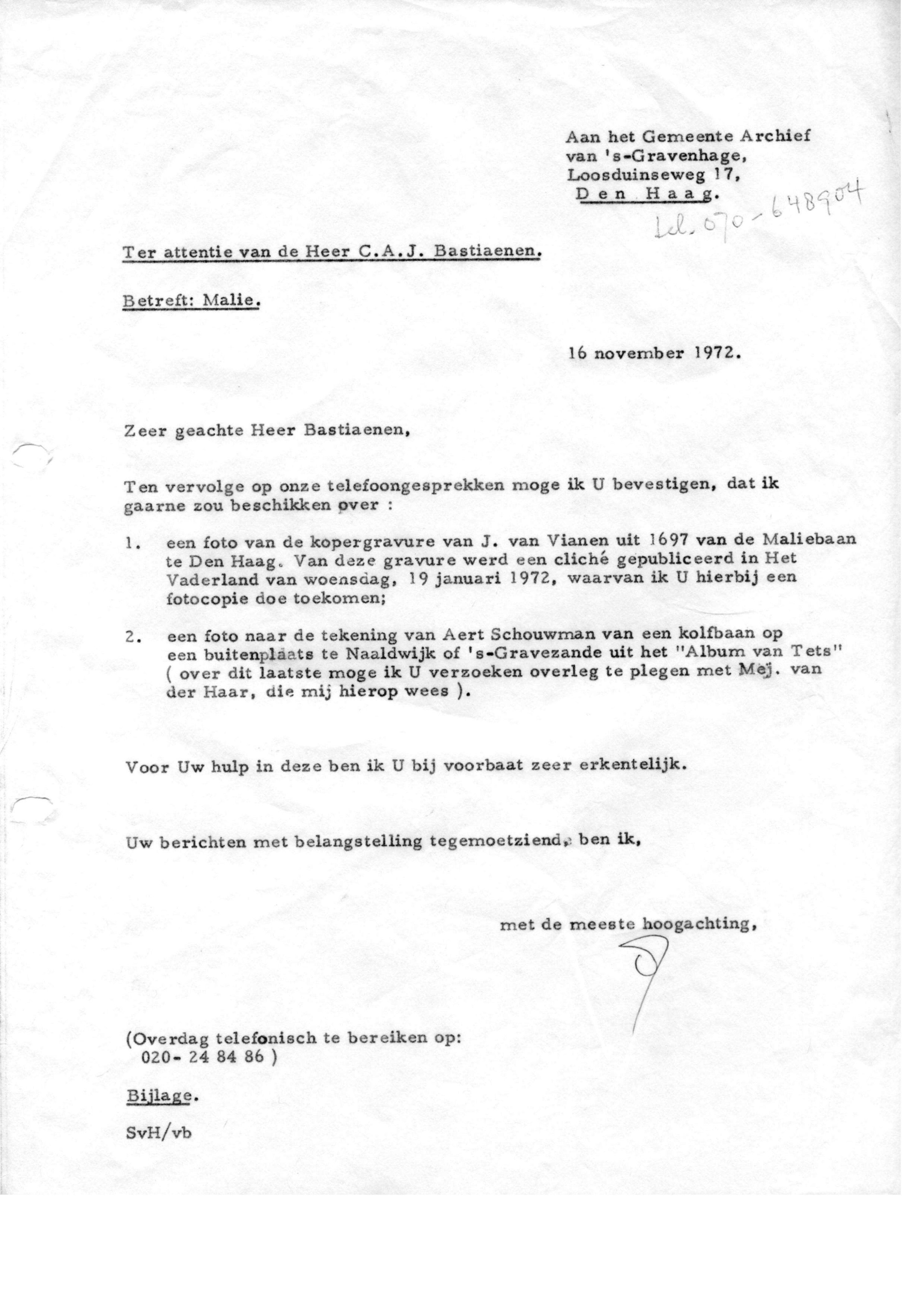 Correspondentie, Steven J.H. van Hengel met Archief Den Haag. 1972