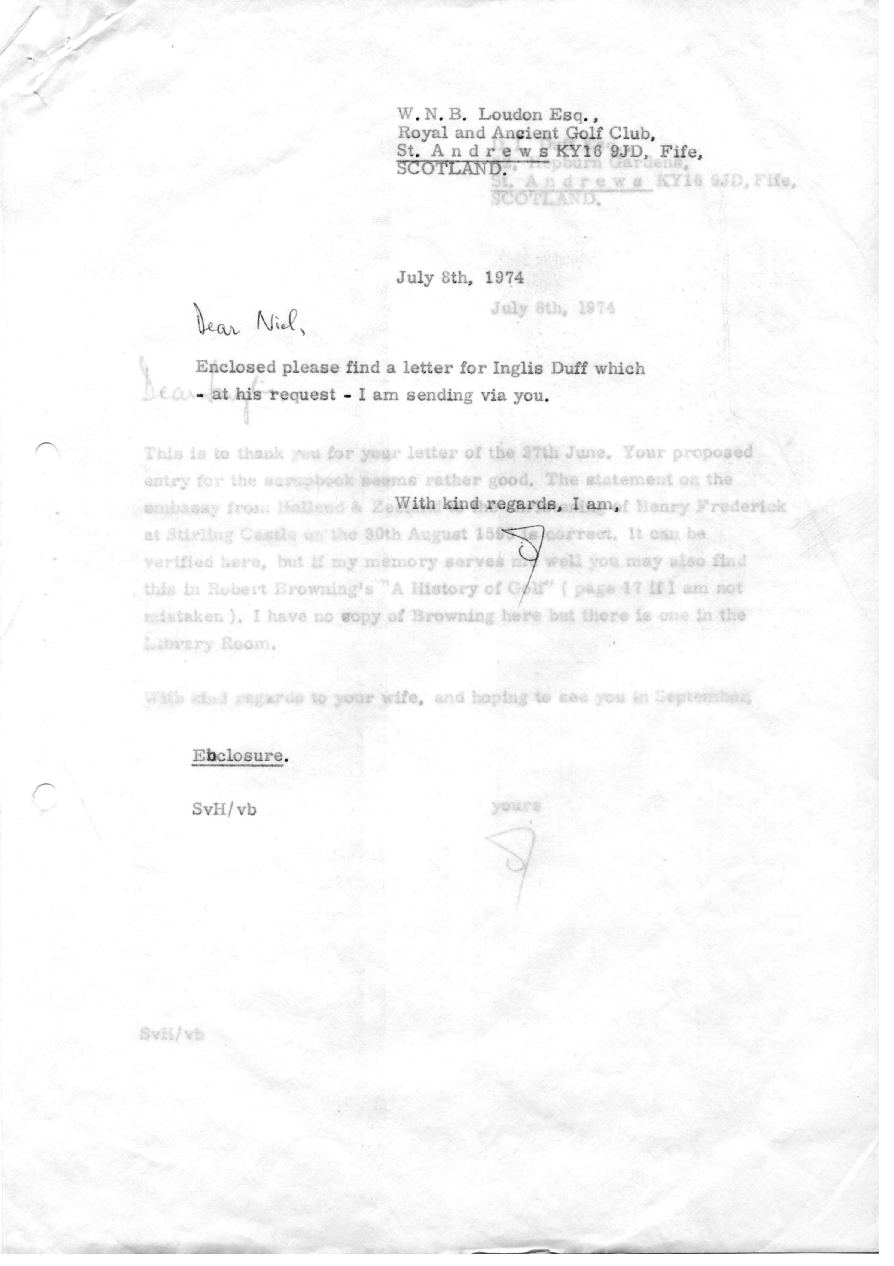 Correspondentie, Steven J.H. van Hengel met Inglis Duff. 1971-1984
