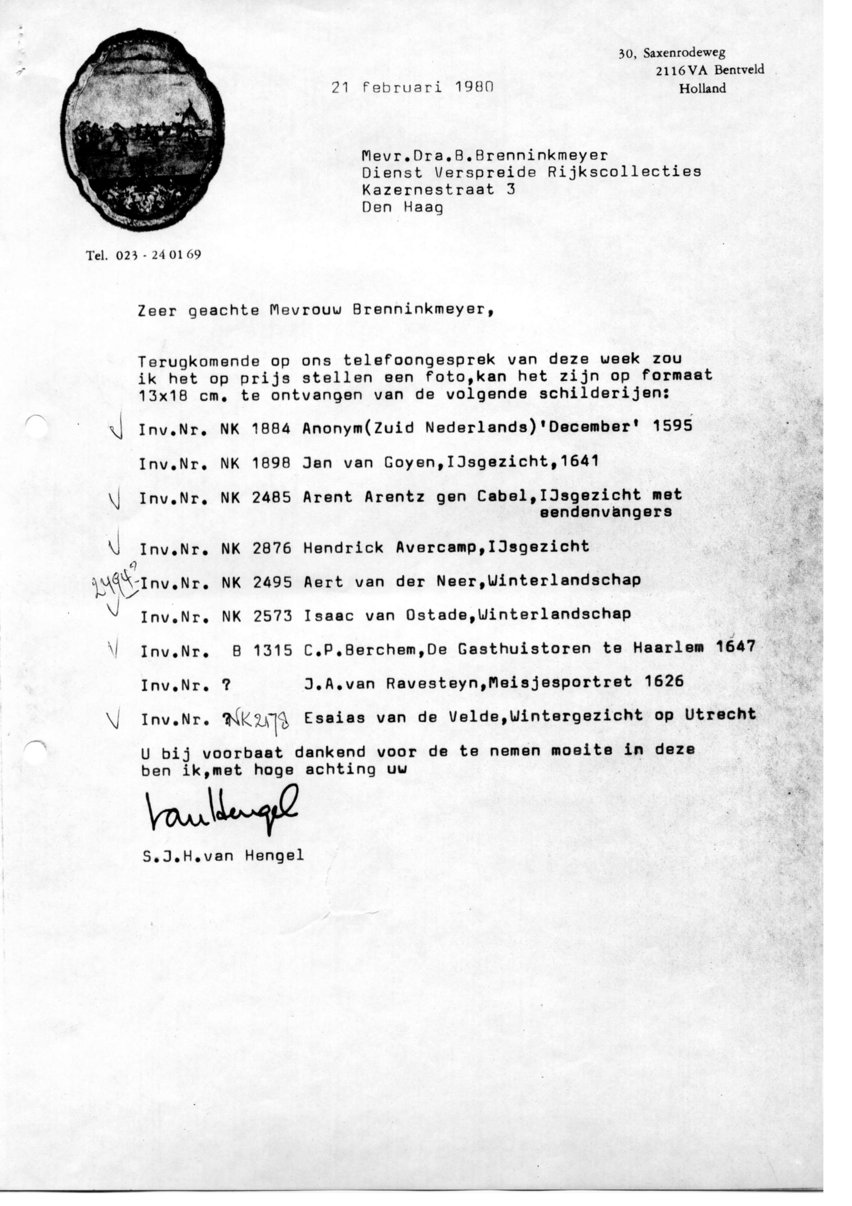 Correspondentie, Steven J.H. van Hengel met Dienst Verspreide Rijkscollecties, Den Haag. 1980