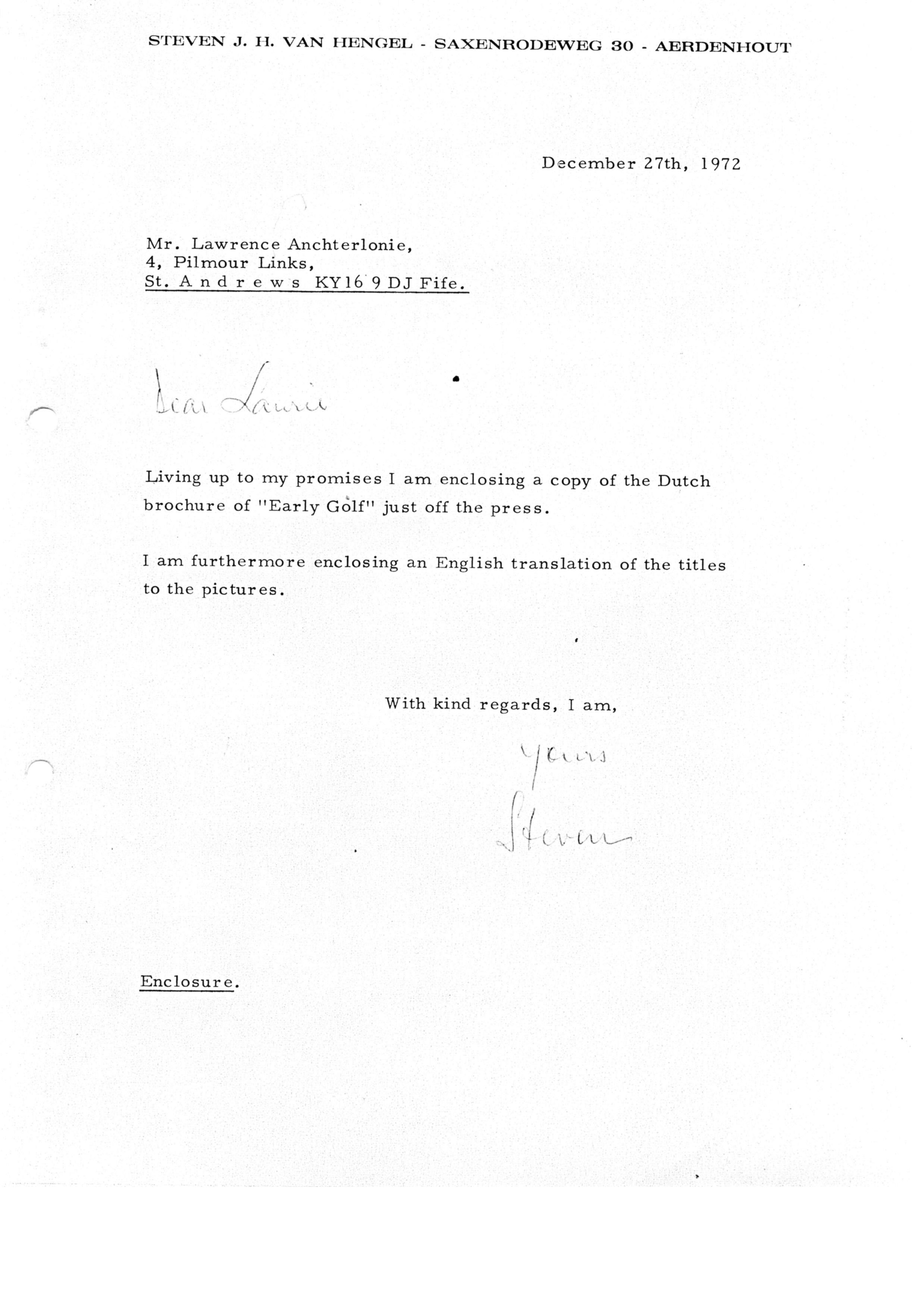 Correspondentie, Steven J.H. van Hengel met Lawrence Anchterlonie, Toezending Early Golf 1972. 1972