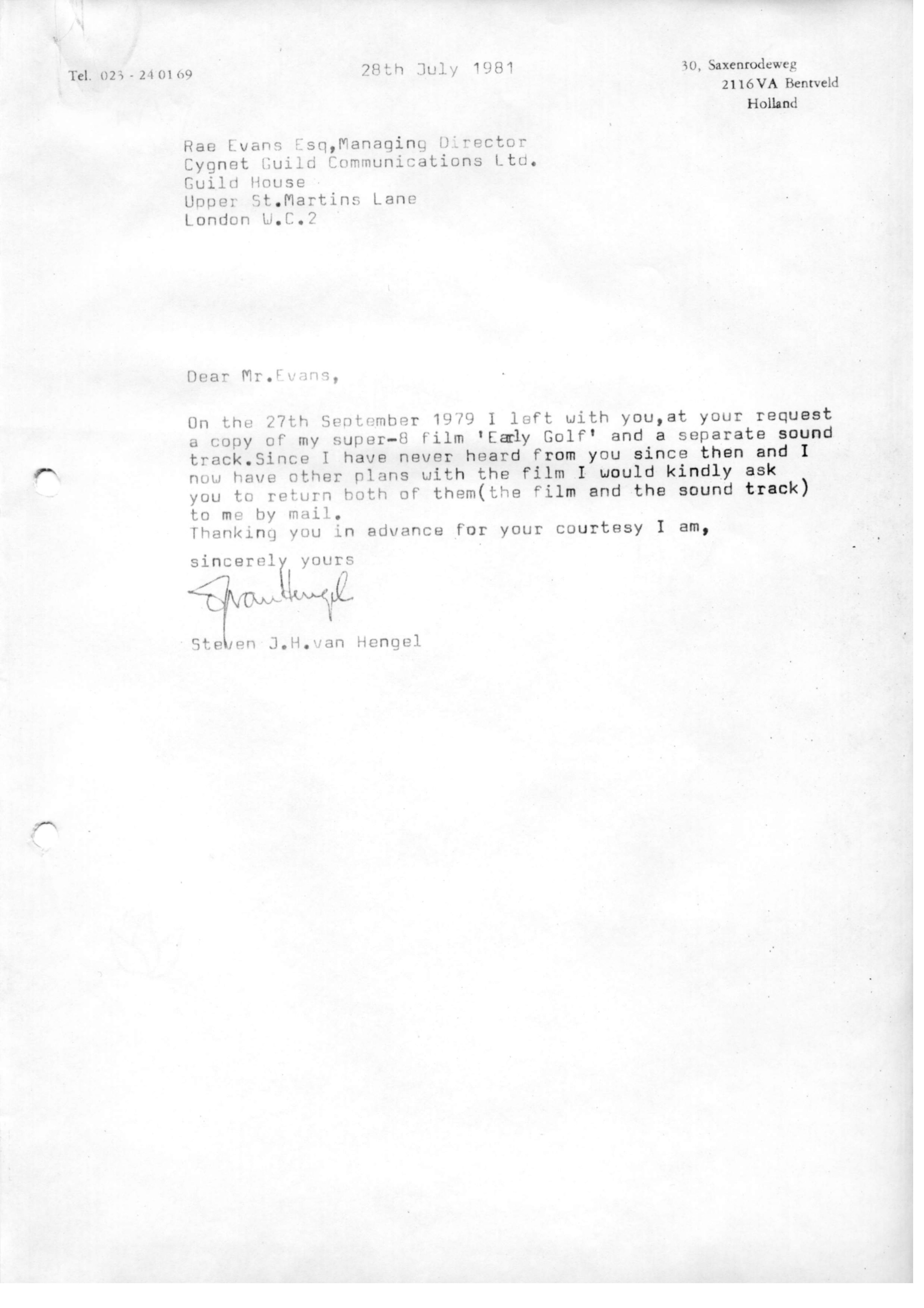 Correspondentie, Steven J.H. van Hengel met Cygnet Guild Communications. 1979-1981