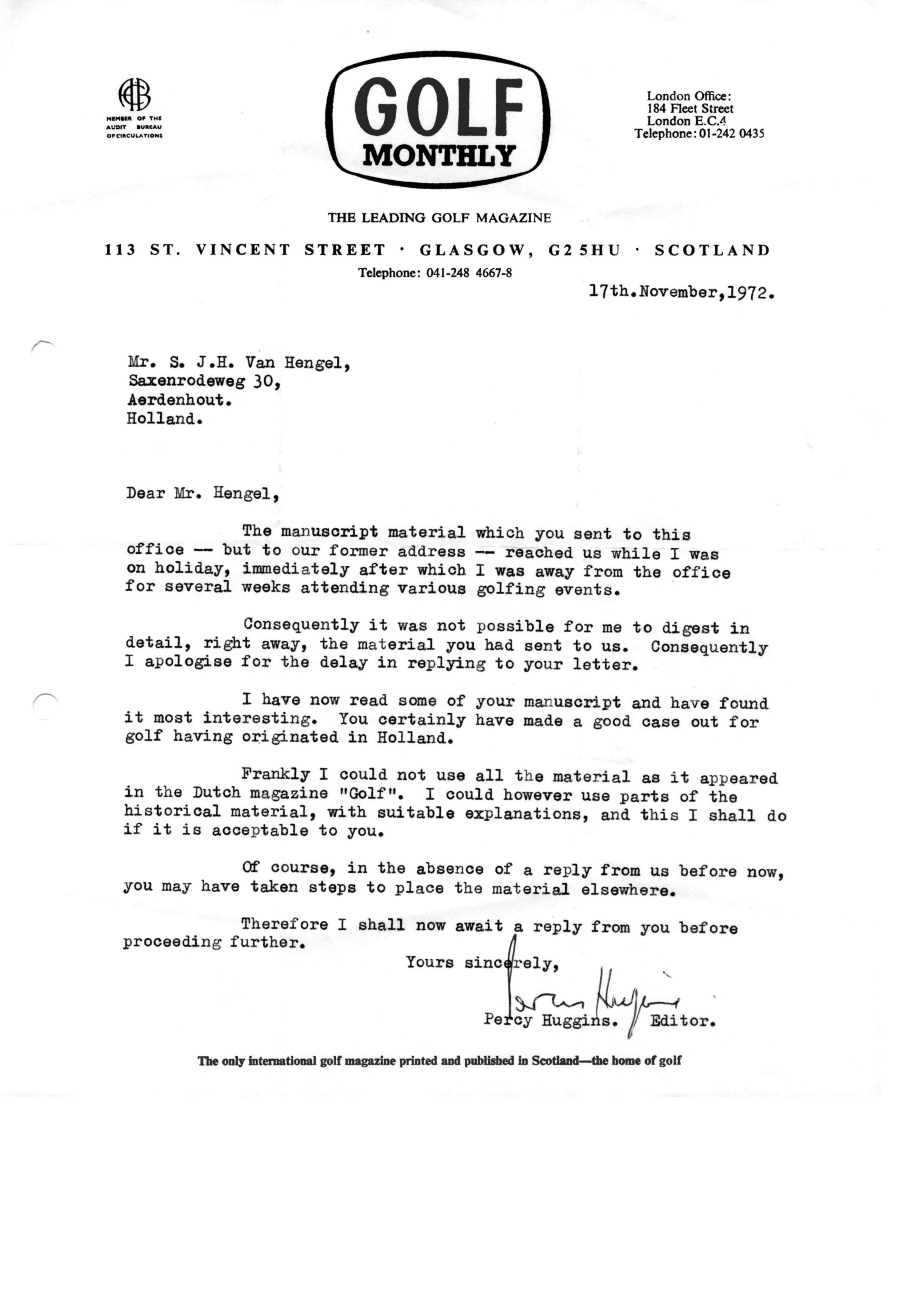 Correspondentie, Steven J.H. van Hengel met Golf Monthly. 1972-1973