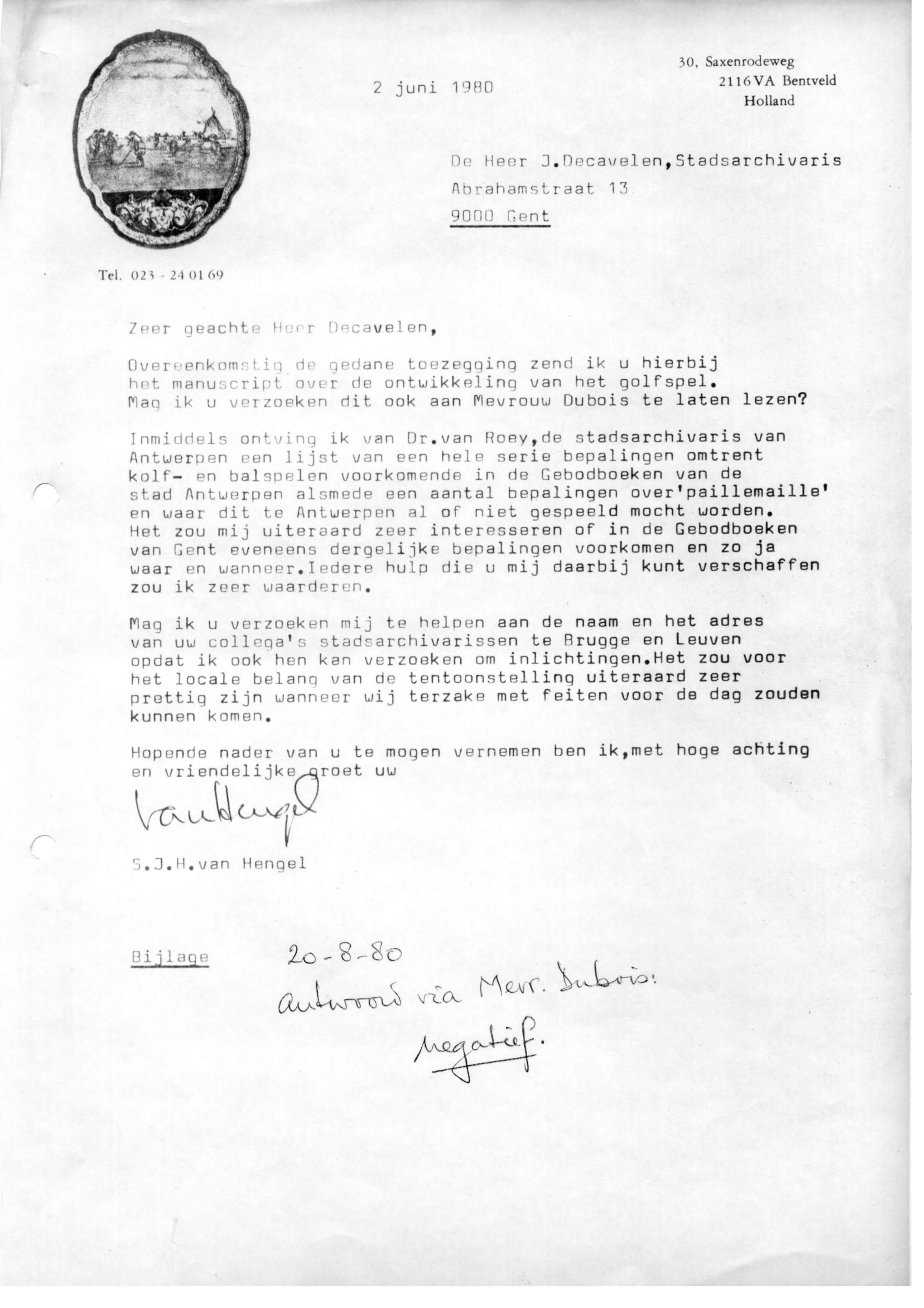 Correspondentie, Steven J.H. van Hengel met Archief Gent. 1980