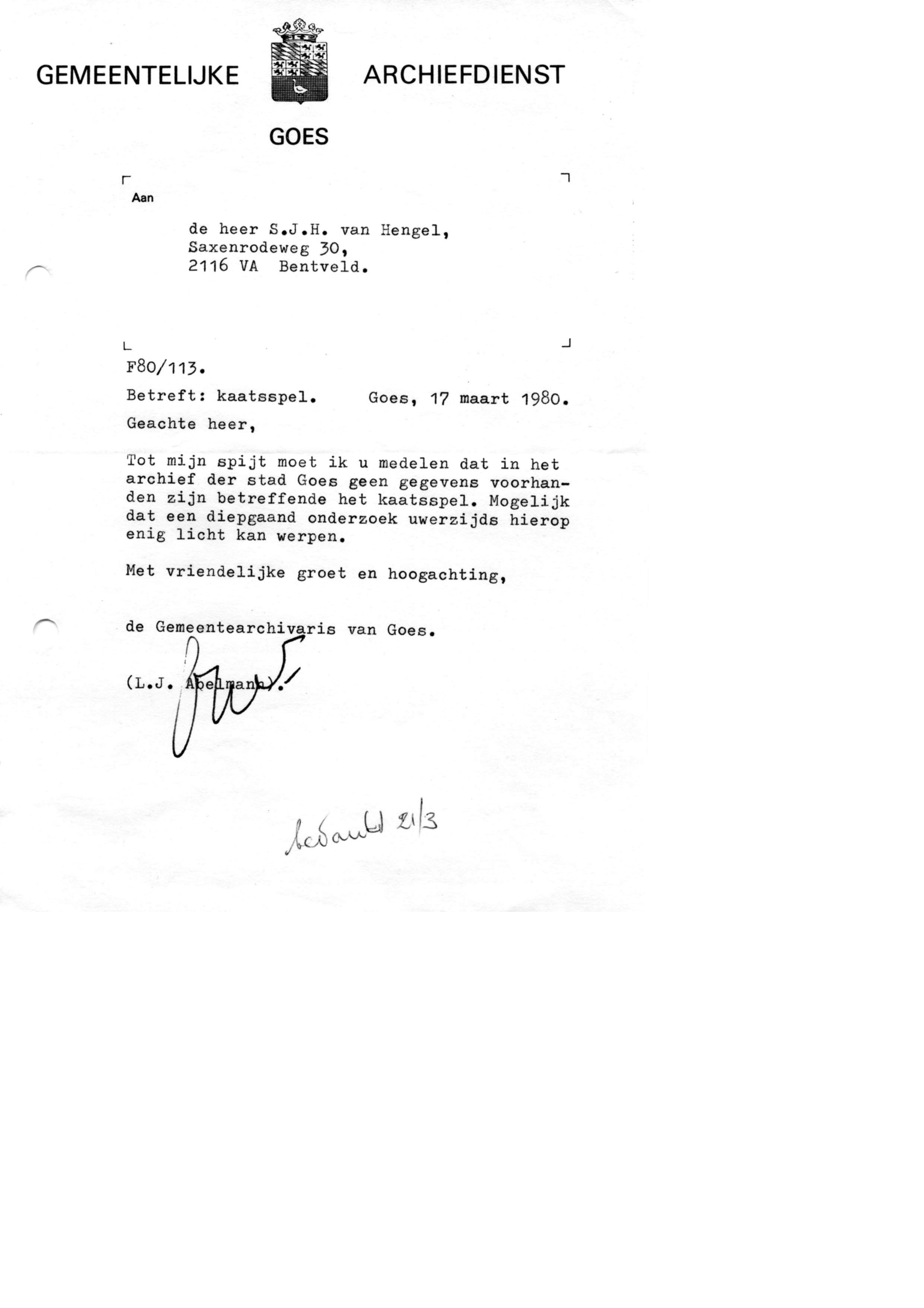 Correspondentie, Steven J.H. van Hengel met Archief Goes. 1980-1981