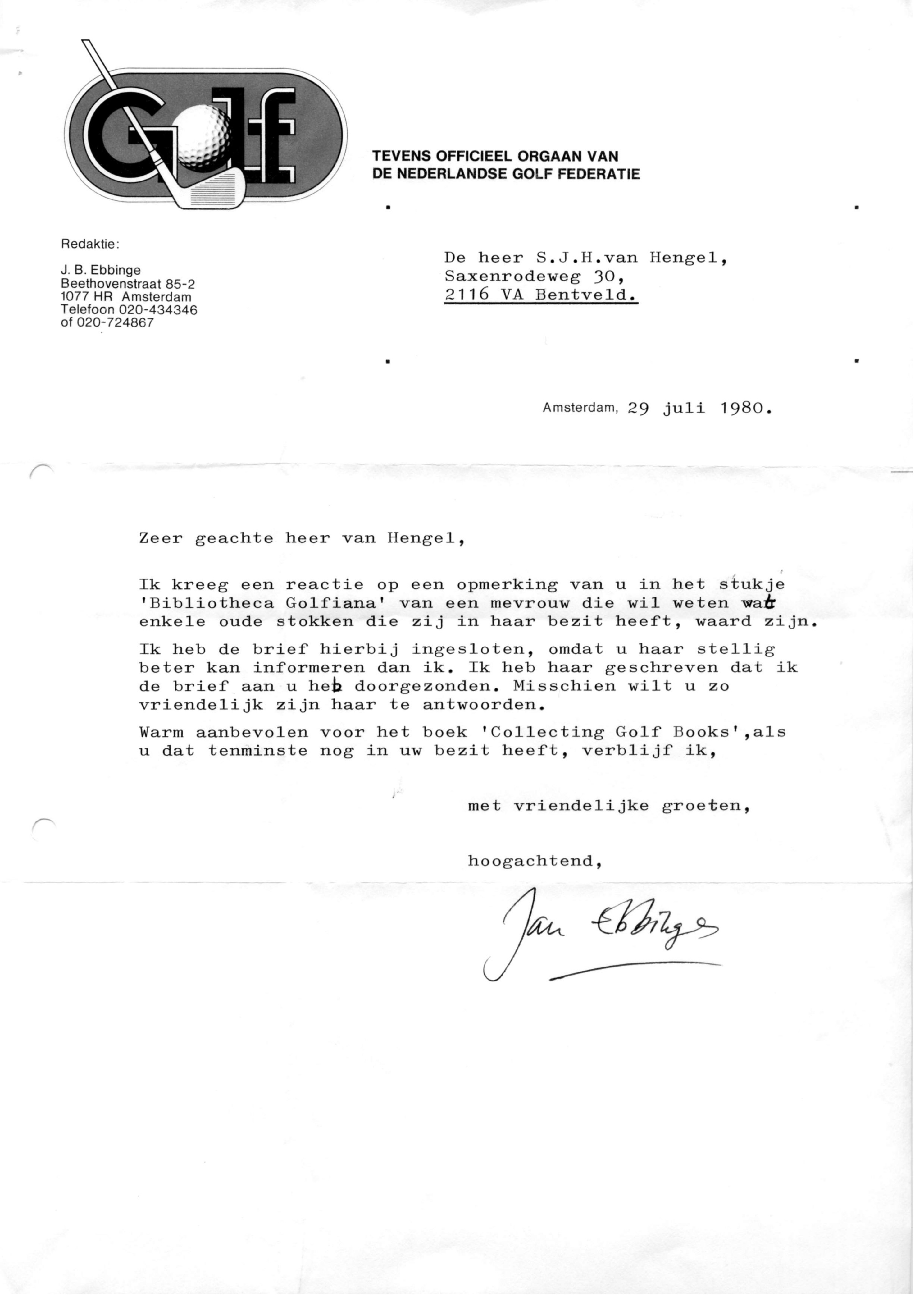 Correspondentie, Steven J.H. van Hengel met C.G.F. Eefting - Kramer, Taxatie golf clubs. 1980