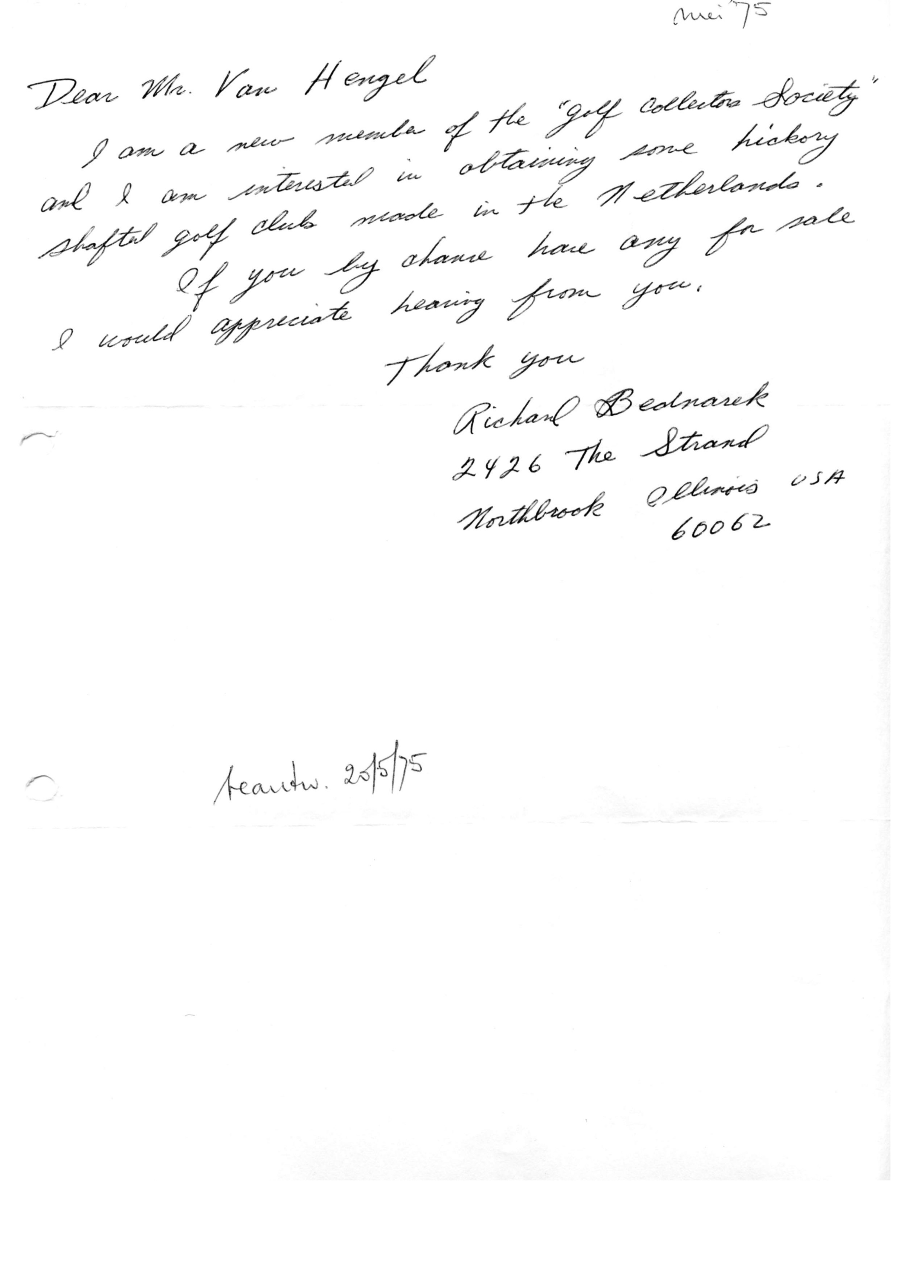 Correspondentie, Steven J.H. van Hengel met Richard Bednarek, Golf Collectors Society. 1975