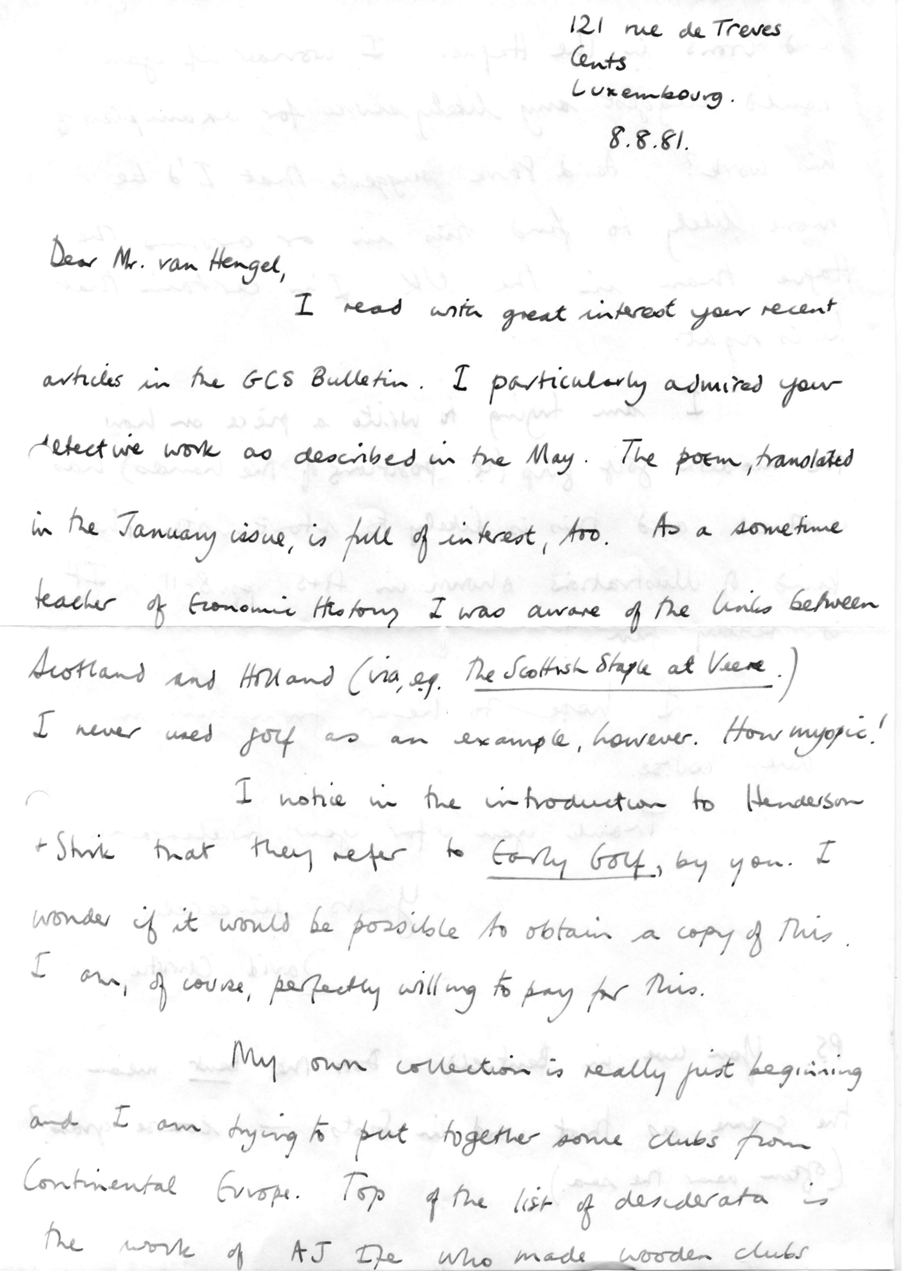 Correspondentie, Steven J.H. van Hengel met David Christie, Golf Collectors Society. 1981-1982