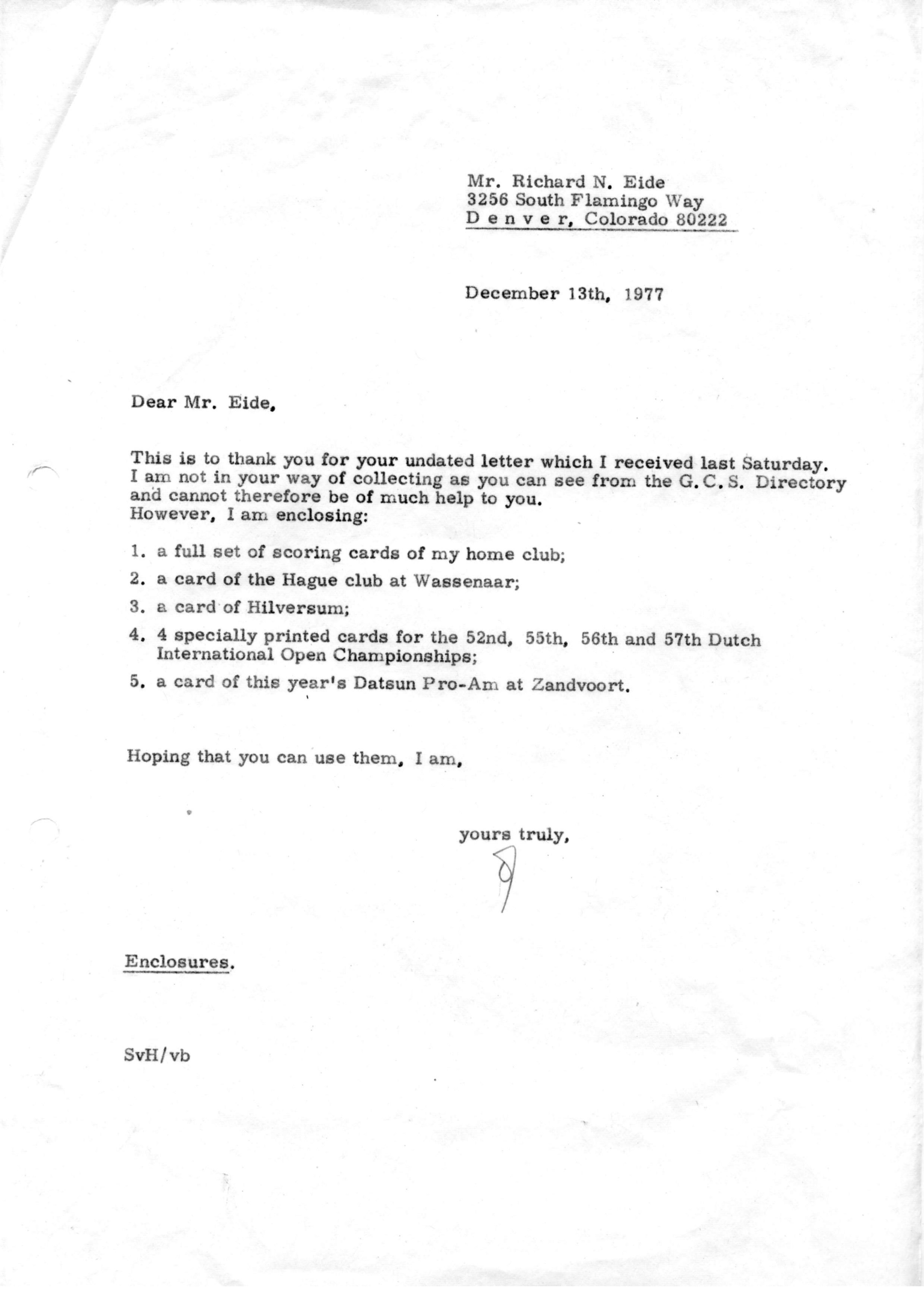 Correspondentie, Steven J.H. van Hengel aan Richard N. Eide, Golf Collectors Society. 1977