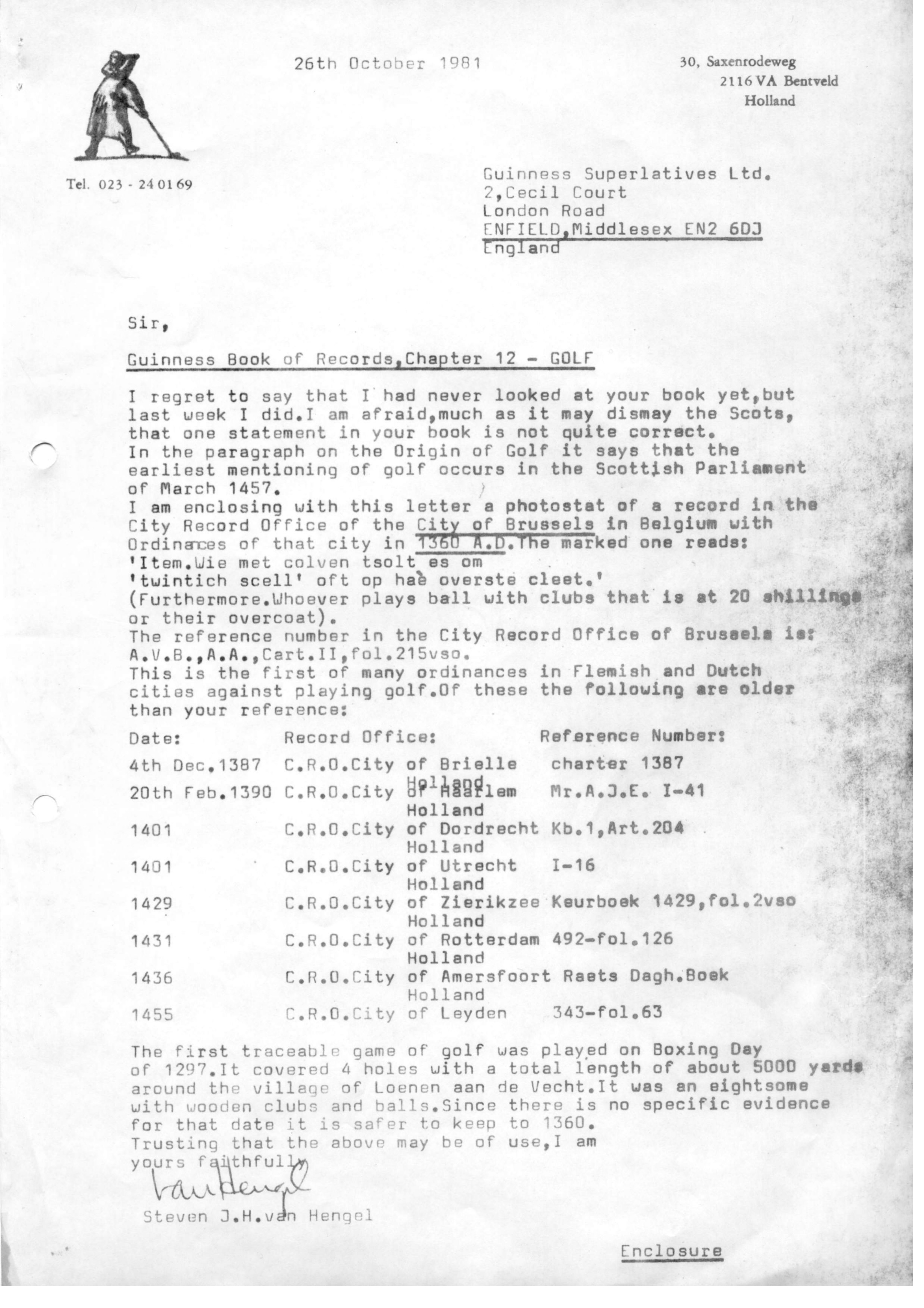 Correspondentie, Steven J.H. van Hengel met Guinness Superlatives, Guinness Book of Records. 1981