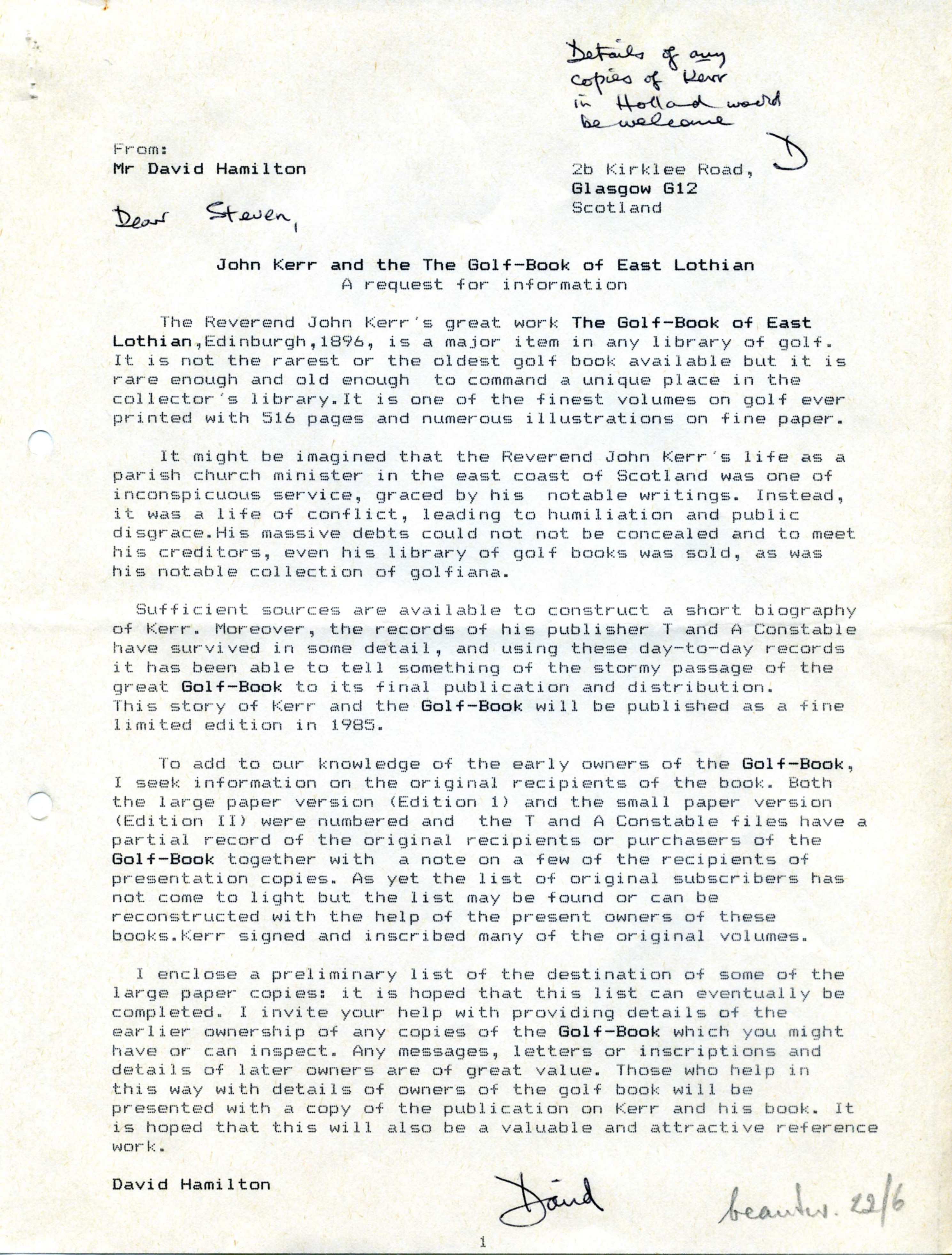 Correspondentie, Steven J.H. van Hengel met David Hamilton