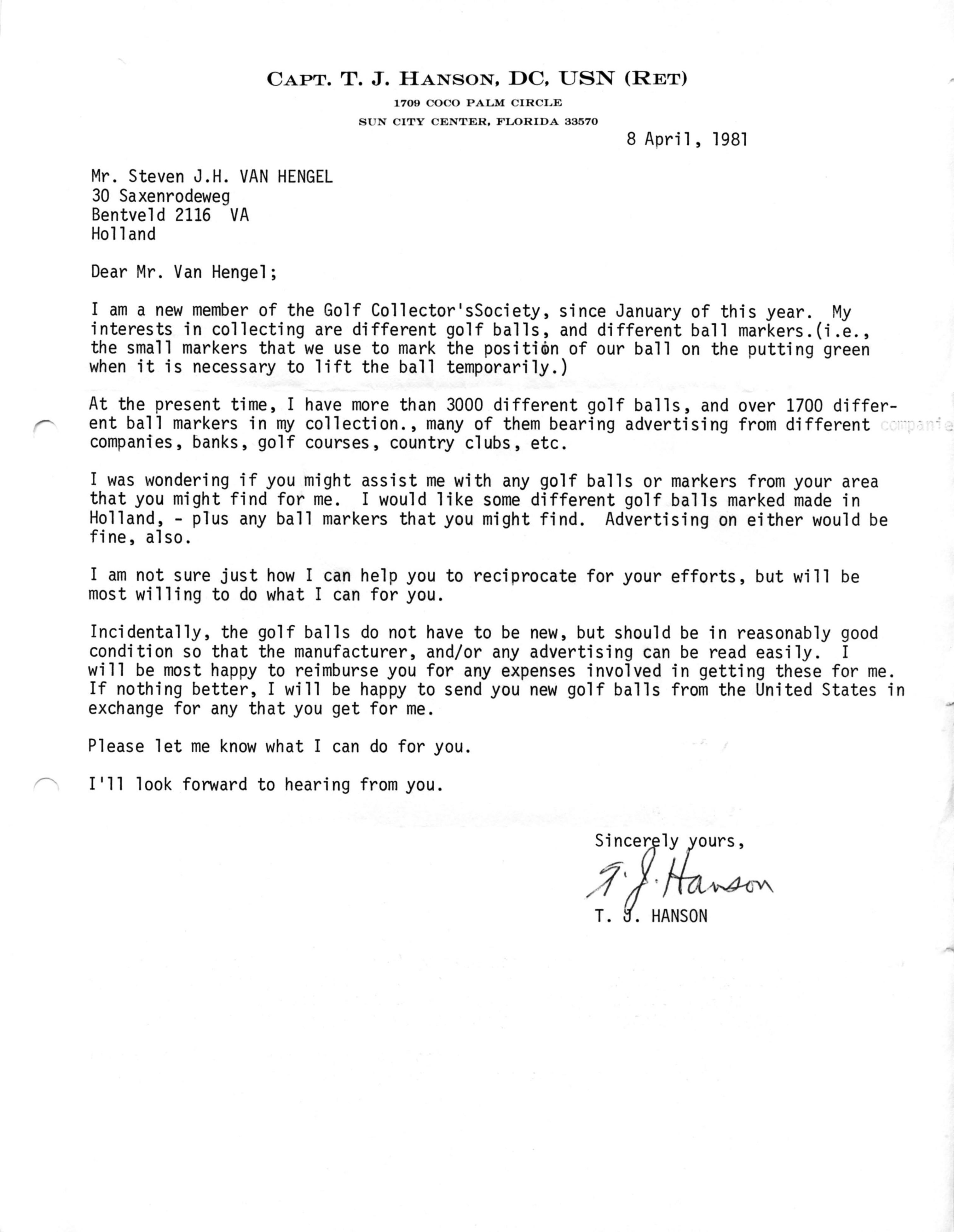 Correspondentie, Steven J.H. van Hengel met T.J. Hanson, Golf Collectors Society. 1981