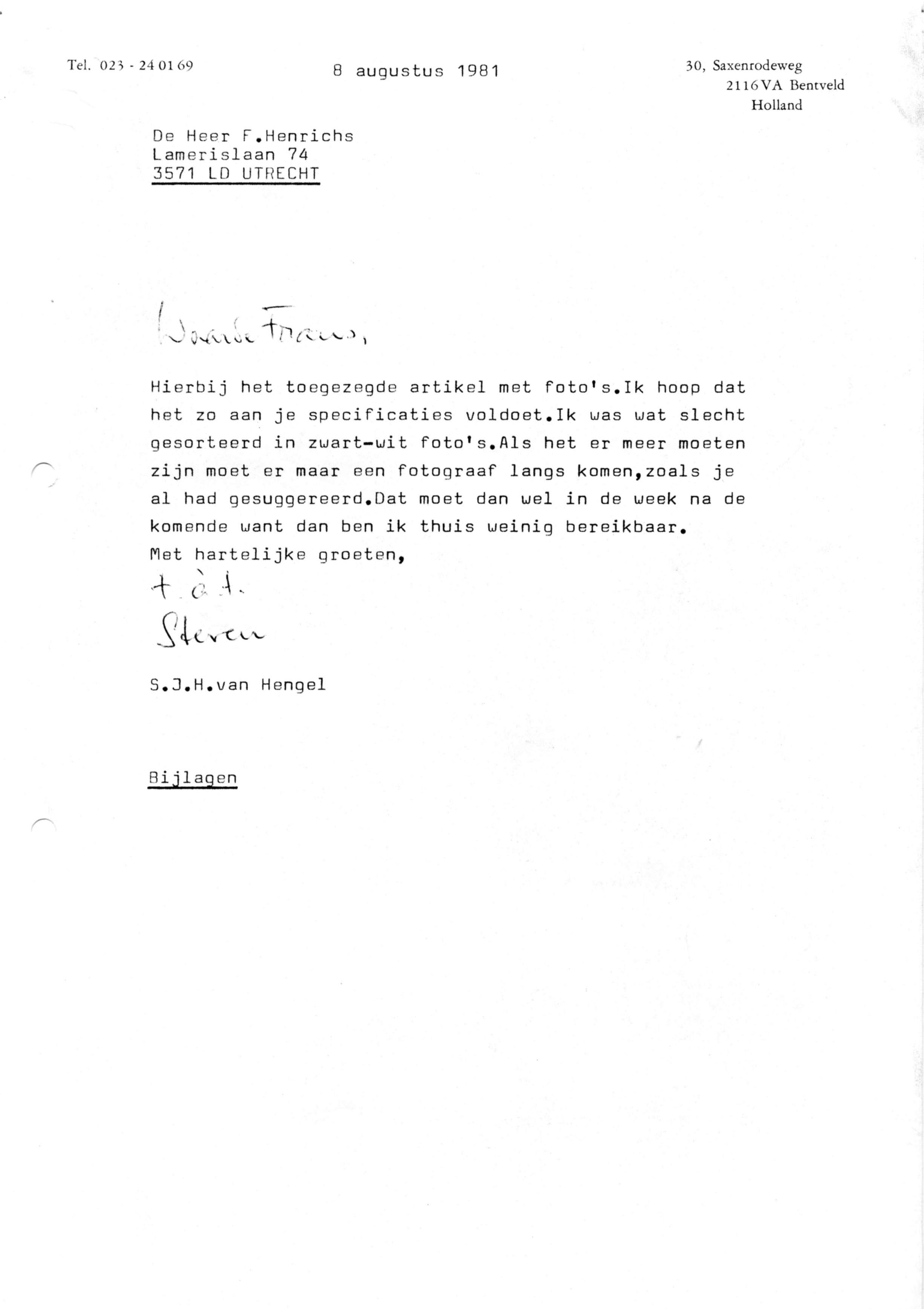 Correspondentie, Steven J.H. van Hengel met Frans Henrichs, De geschiedenis van het golf-spel. 1981