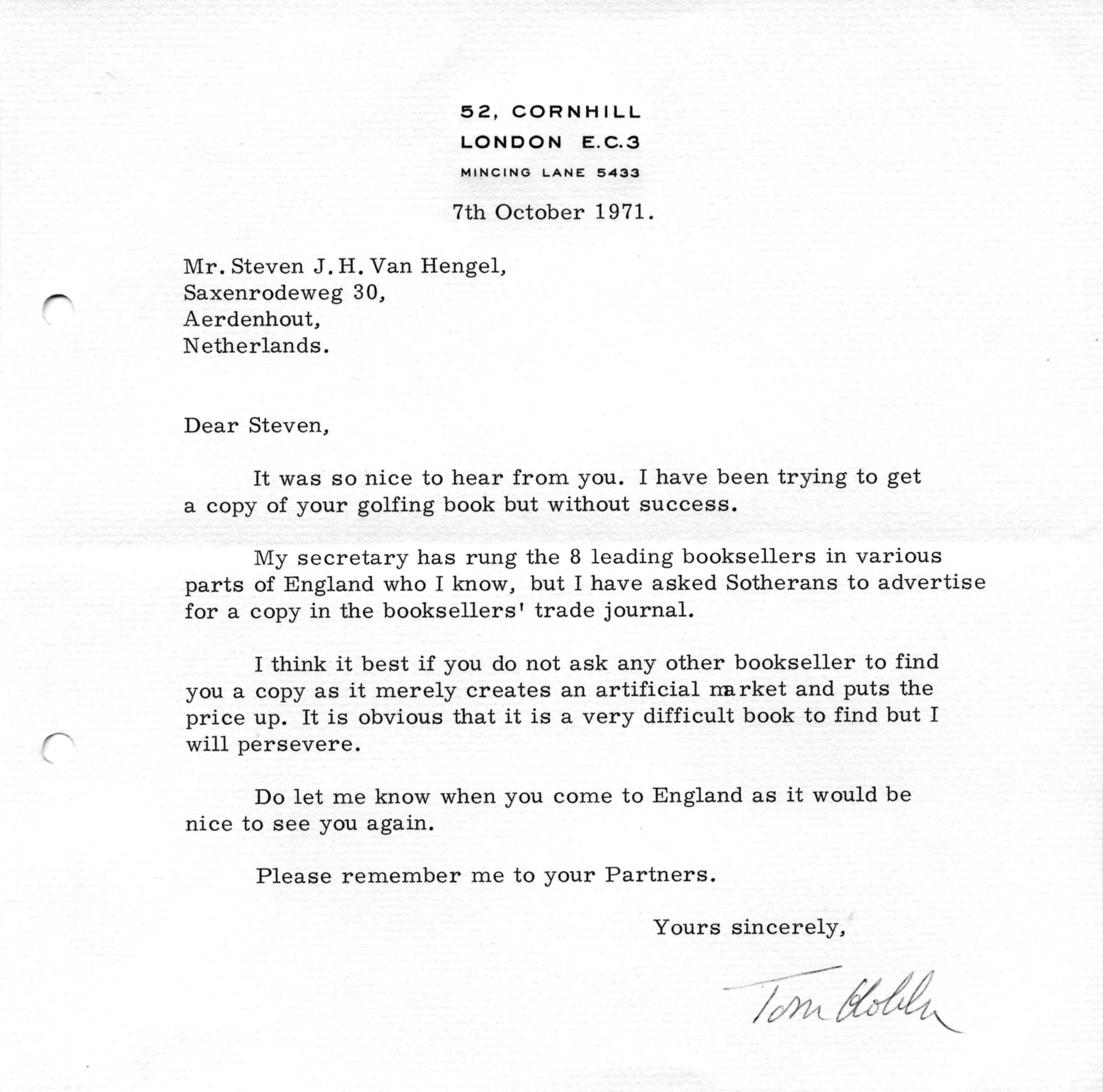 Correspondentie, Tom Hobben aan Steven J.H. van Hengel. 1971