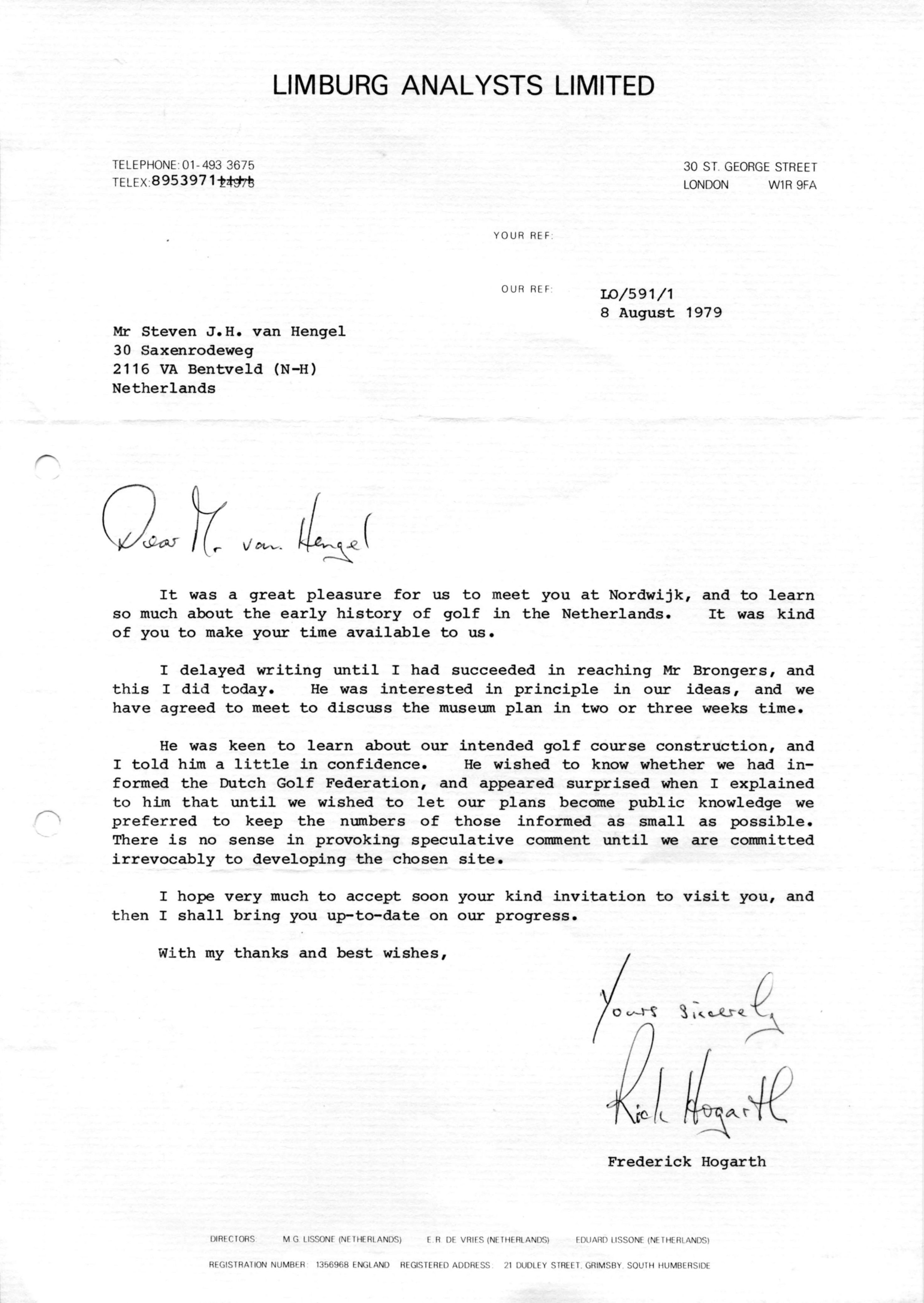 Correspondentie, Steven J.H. van Hengel met Rick Hogarth, Golf Museum Limburg - 1979