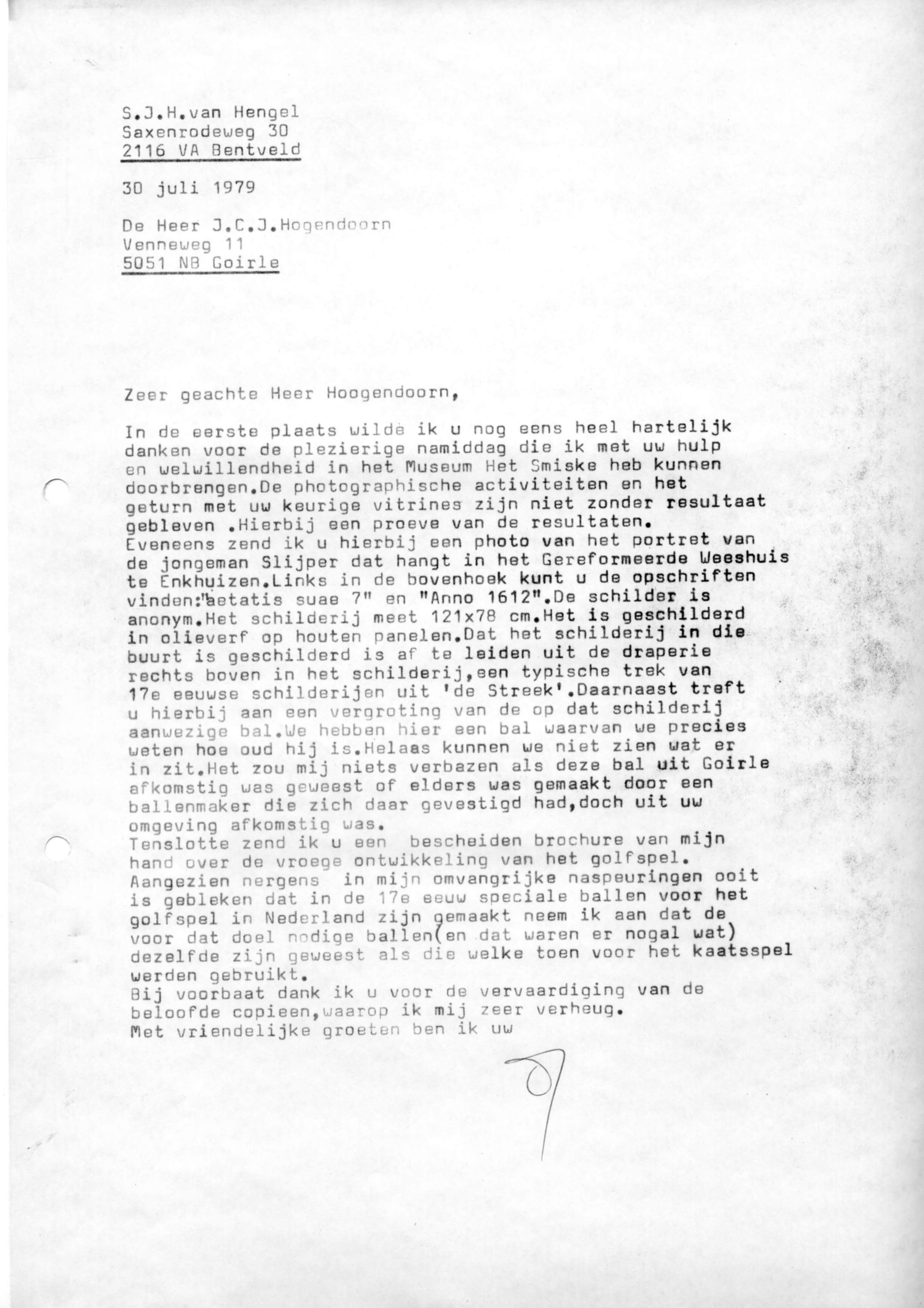 Correspondentie, Steven J.H. van Hengel met J.C.J. Hogendoorn, ballen, Goirle. 1979
