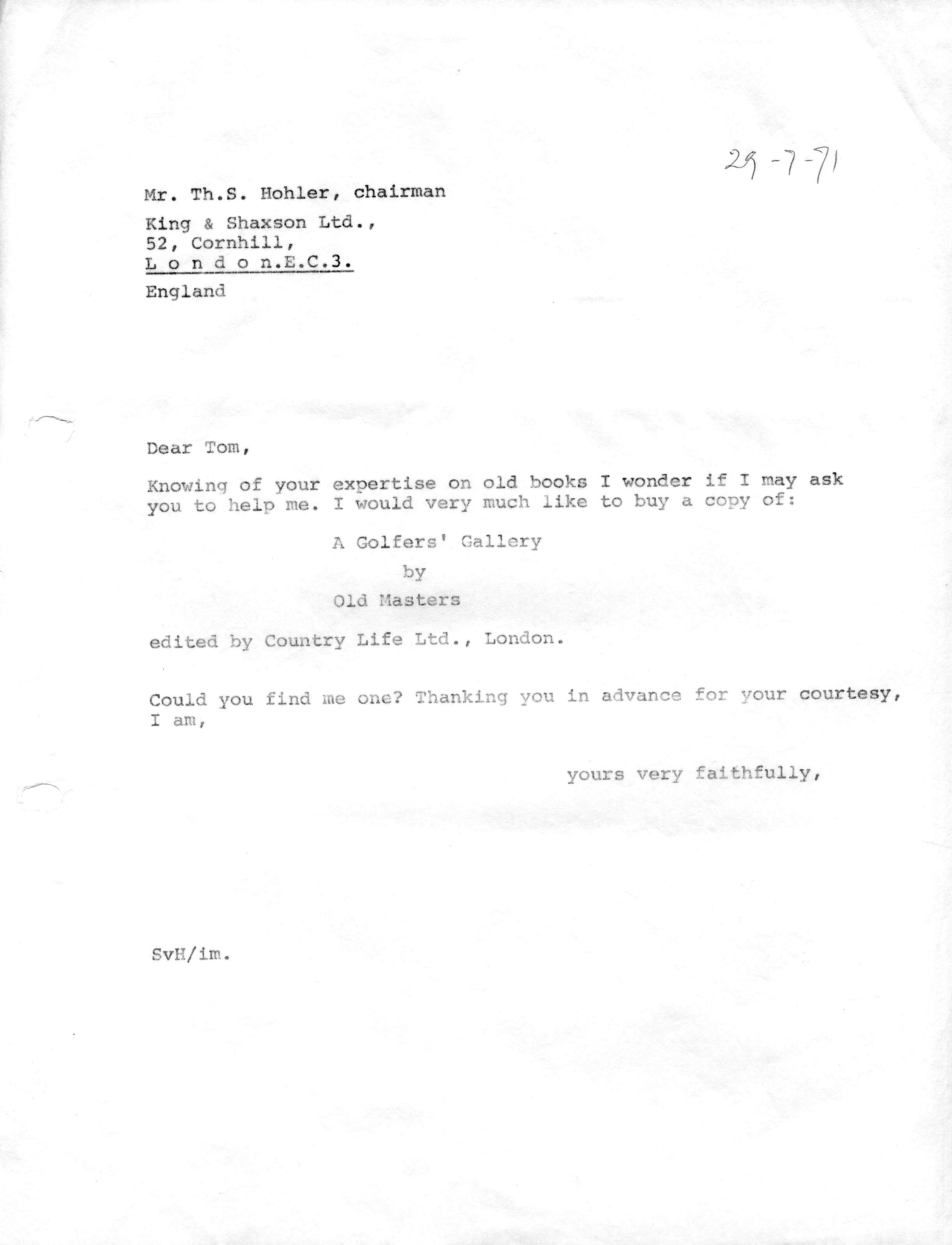 Correspondentie, Steven J.H. van Hengel aan King & Shaxson. 1971
