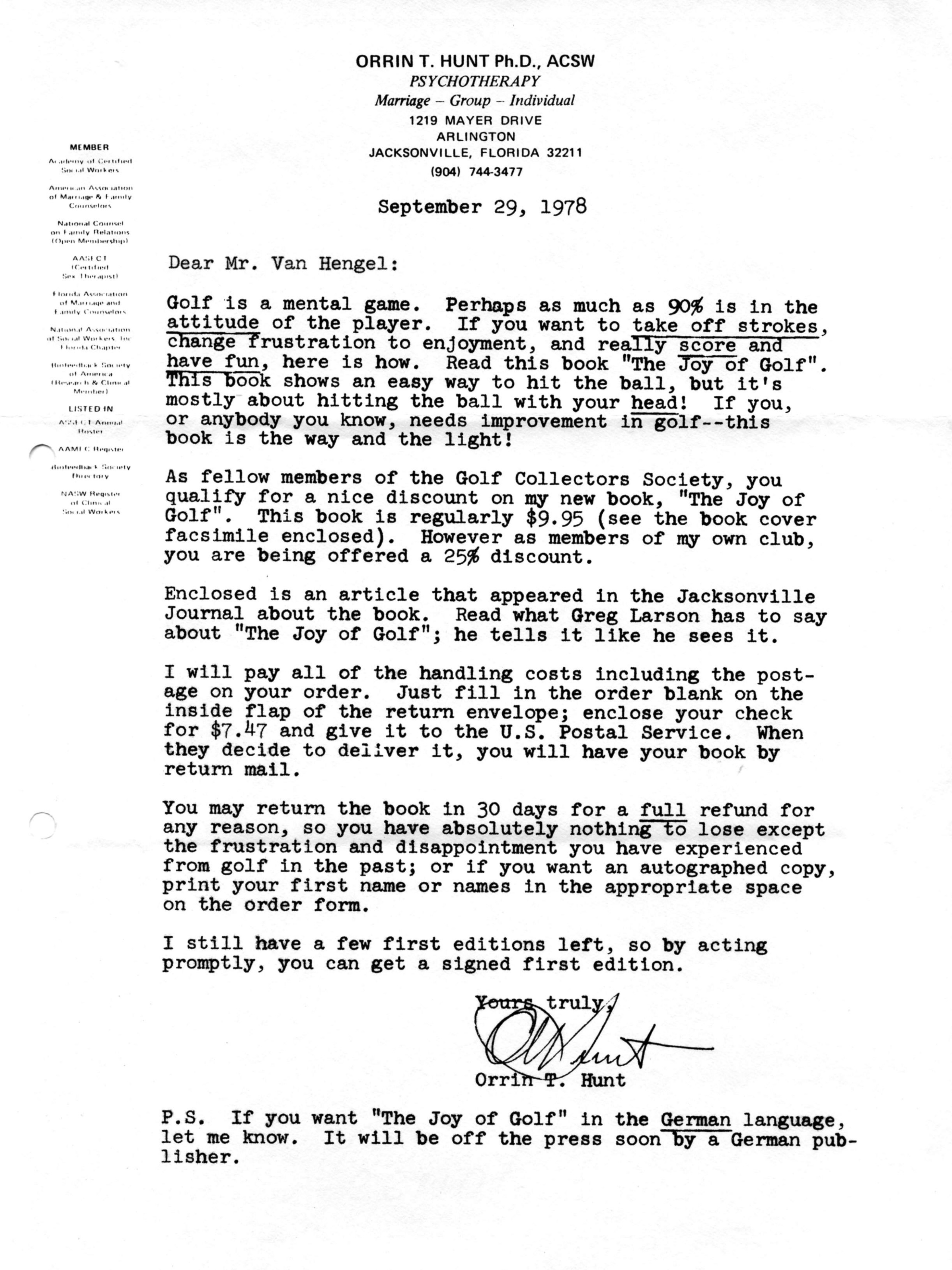 Correspondentie, Orrin T. Hunt aan Steven J.H. van Hengel, The Joy Of Golf. 1978
